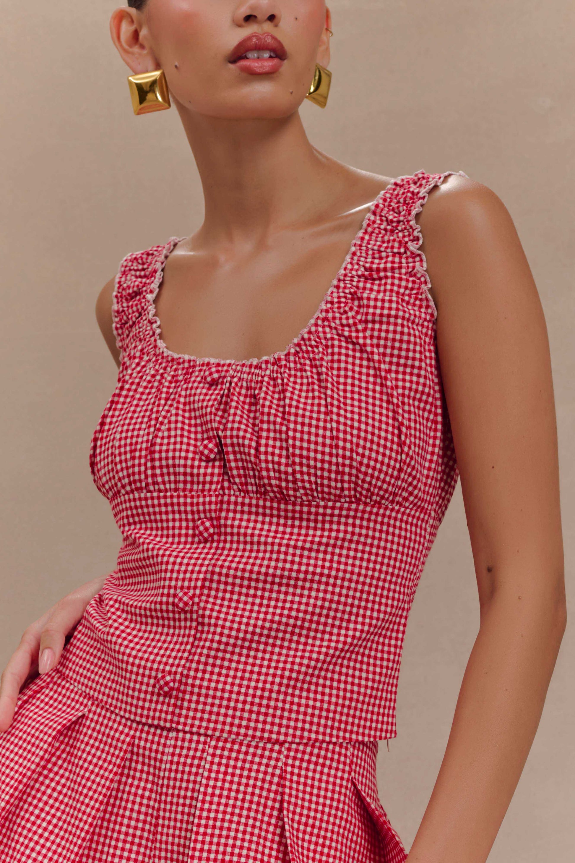 Ines Sleeveless Ruched Top - Red Gingham #4
