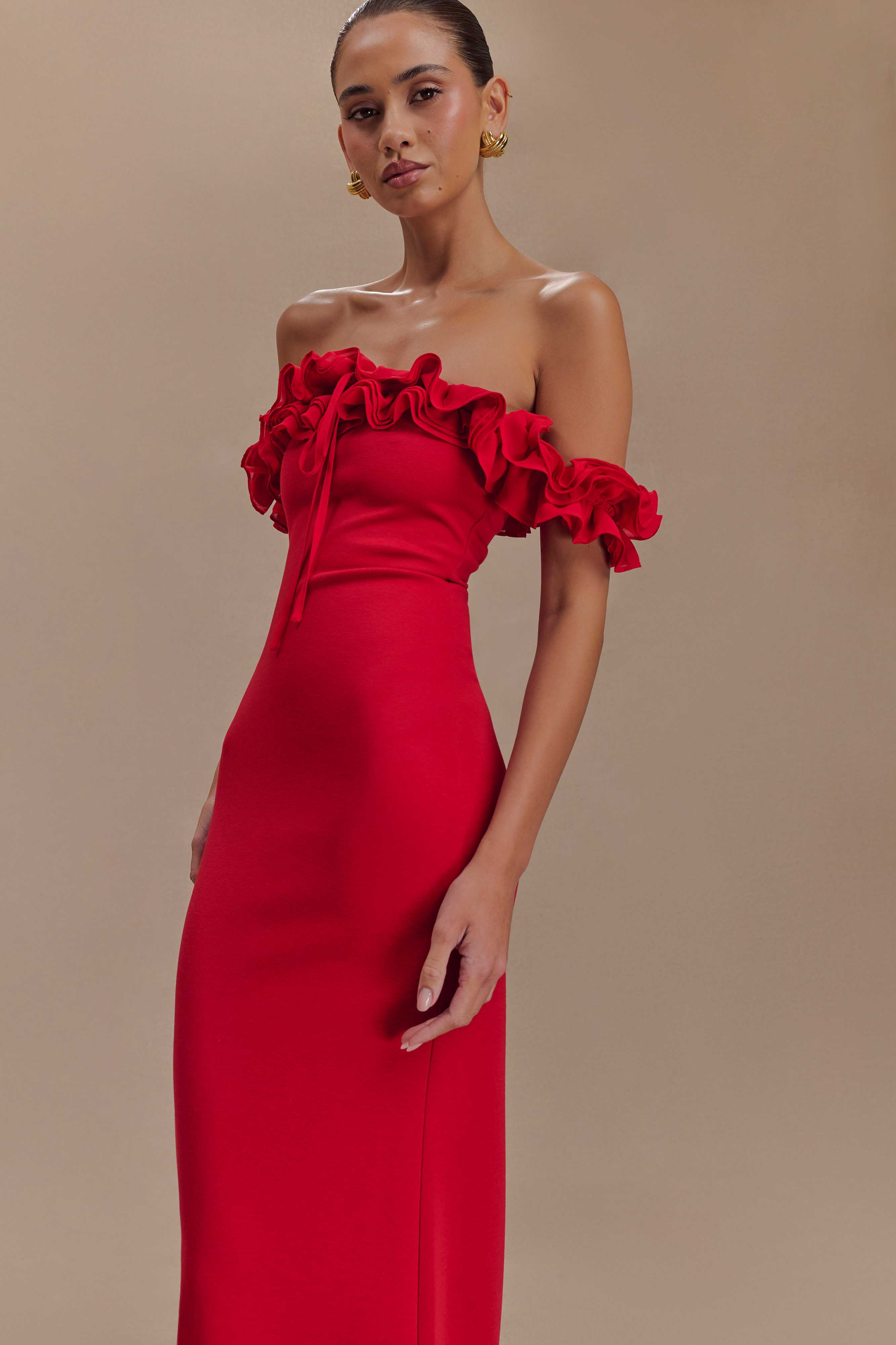 Nova Ruffle Off Shoulder Maxi Dress - Ruby | MESHKI UK