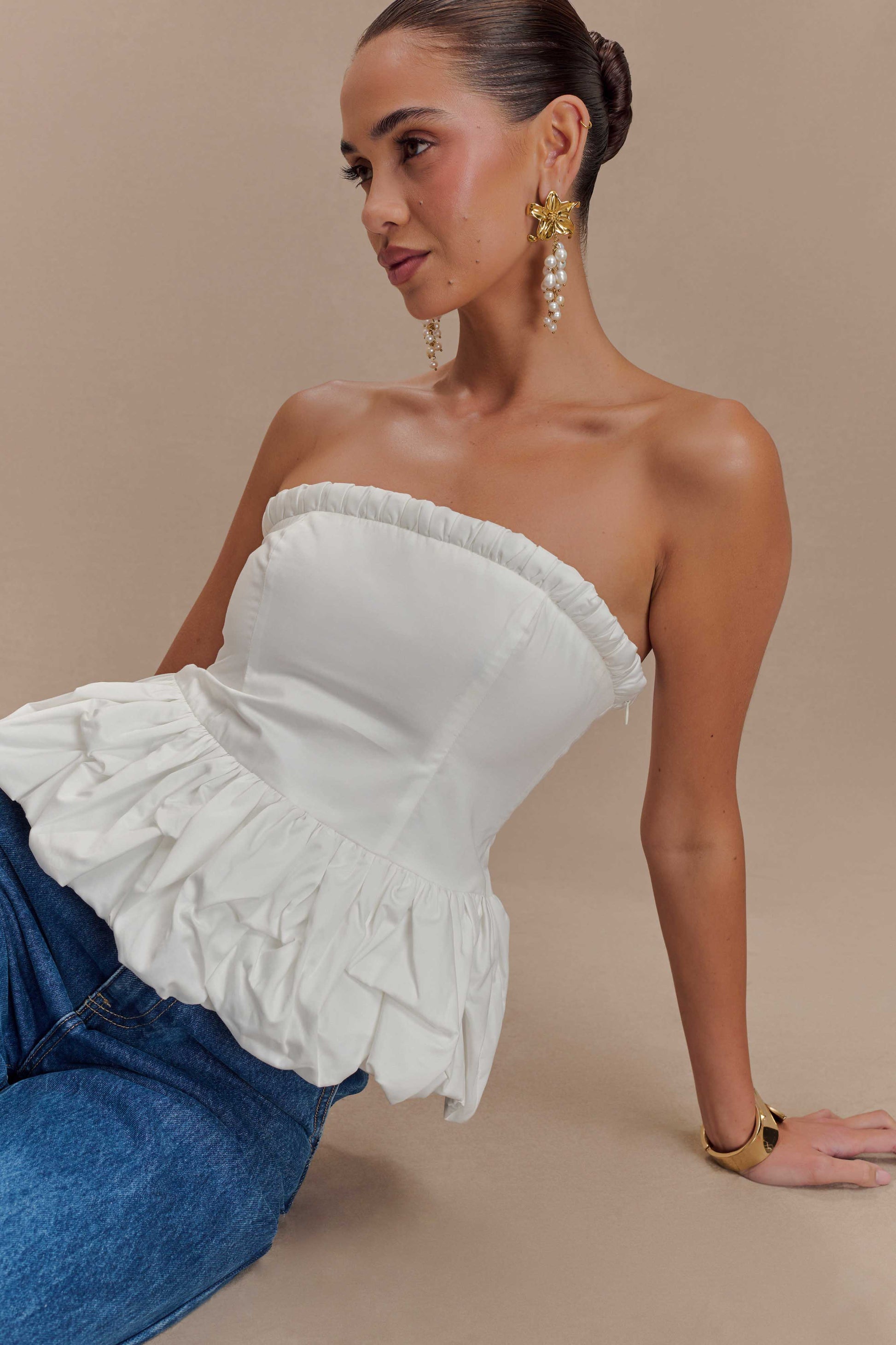 Cora Ruched Strapless Top - White #3