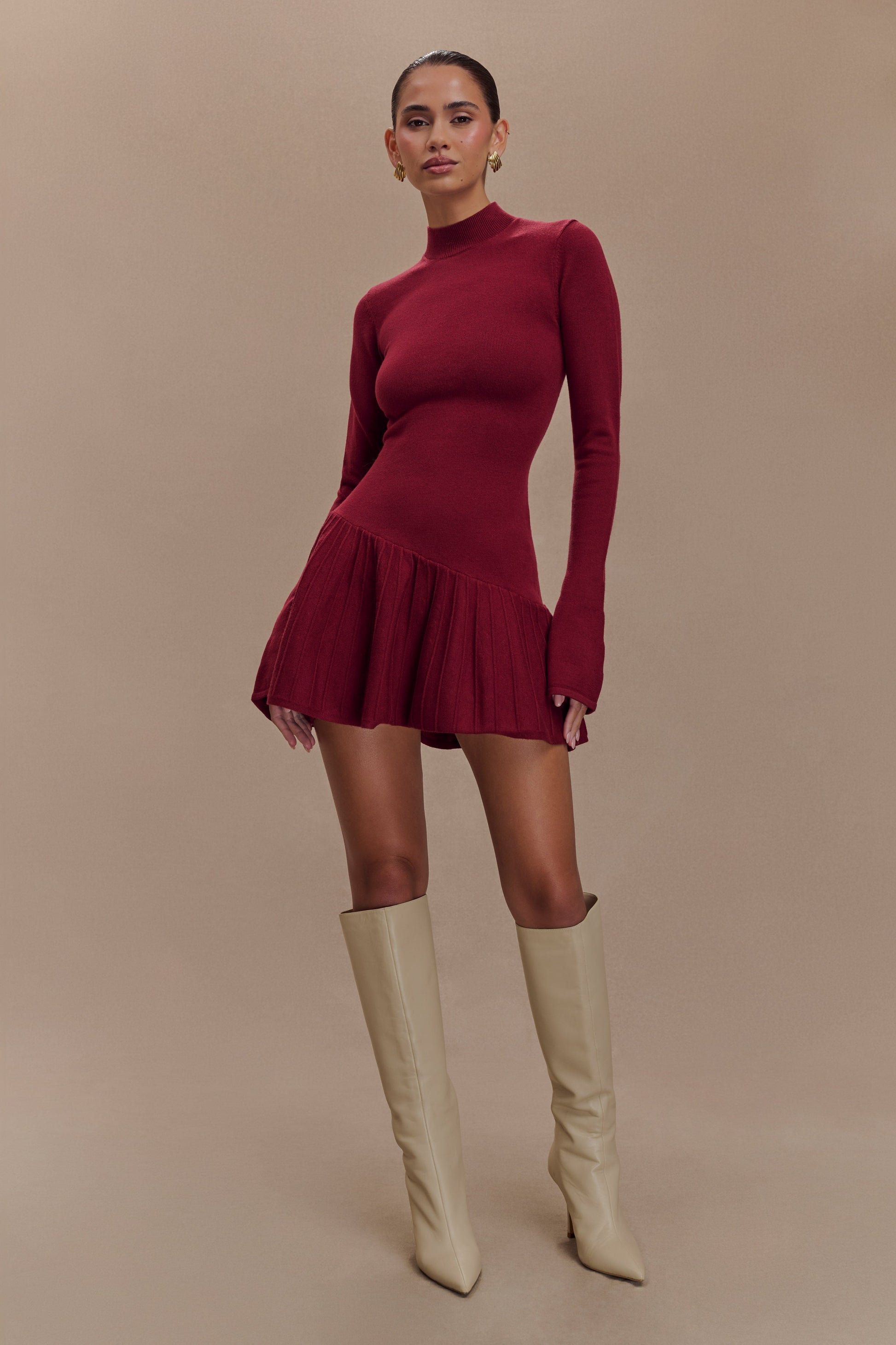 Blair Knit Mini Dress With Pleats - Merlot #2