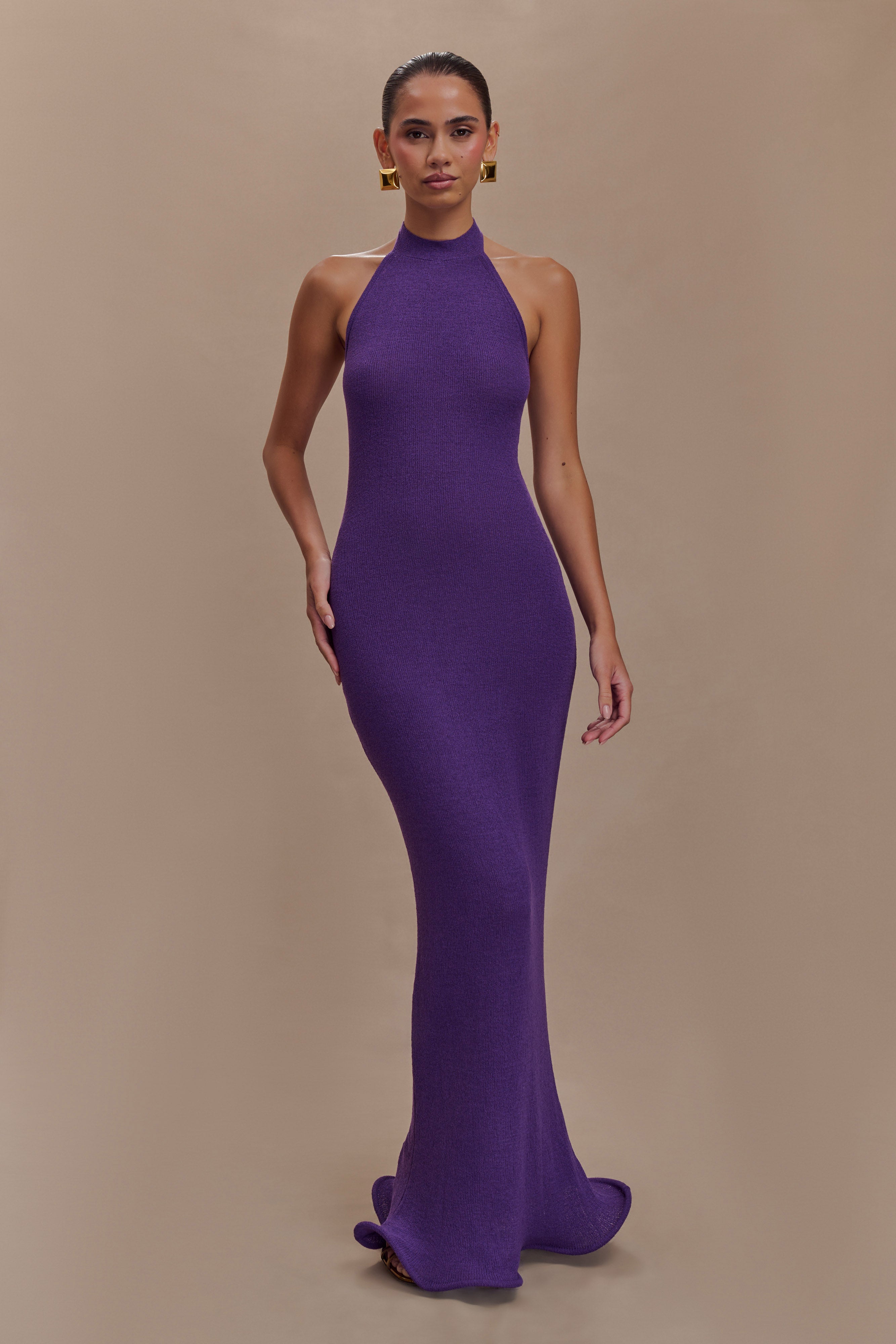 Melodie Halter Knit Maxi Dress - Purple | MESHKI UK