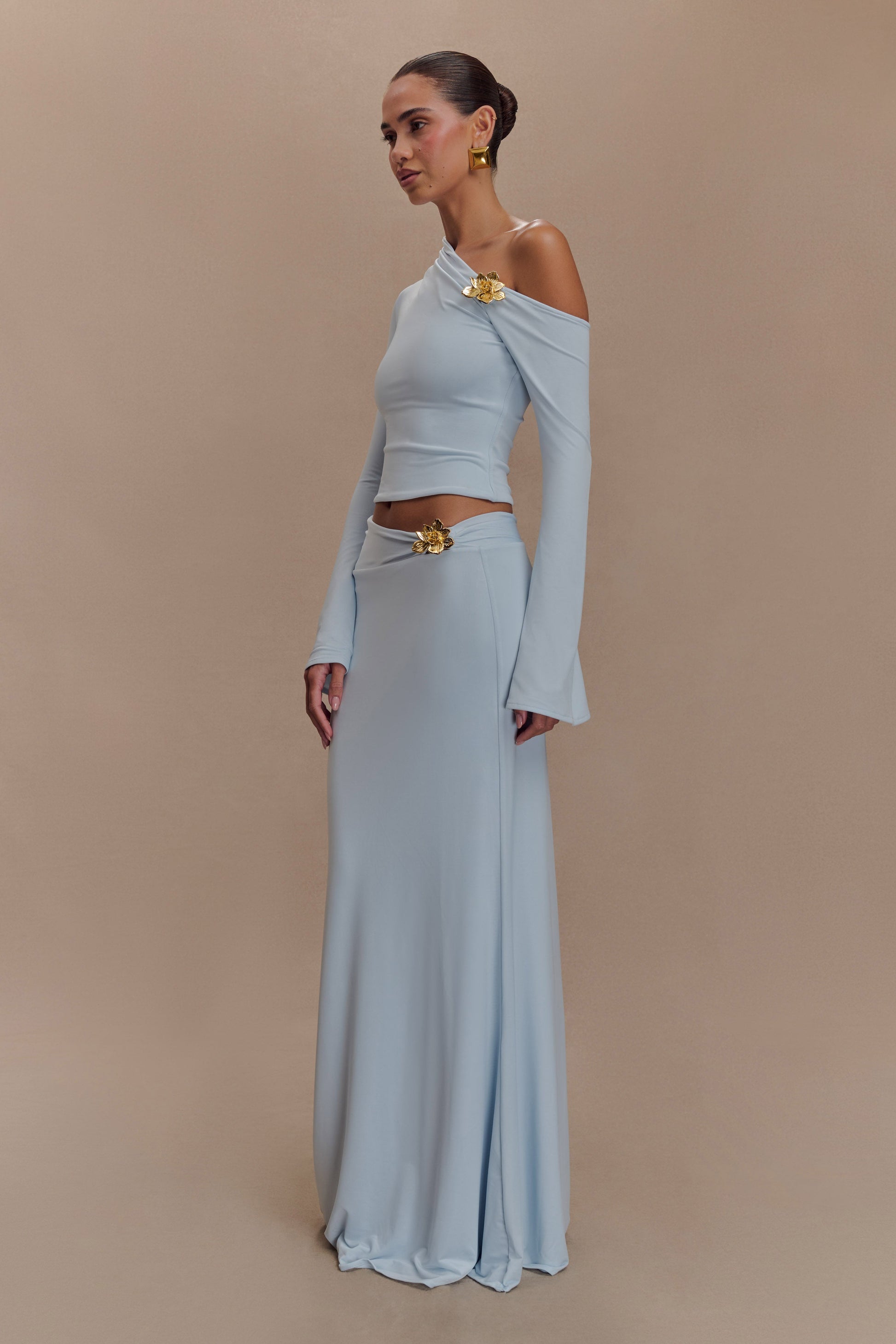 Ainsley Asymmetrical Maxi Skirt With Floral Hardware - Pale Blue #3