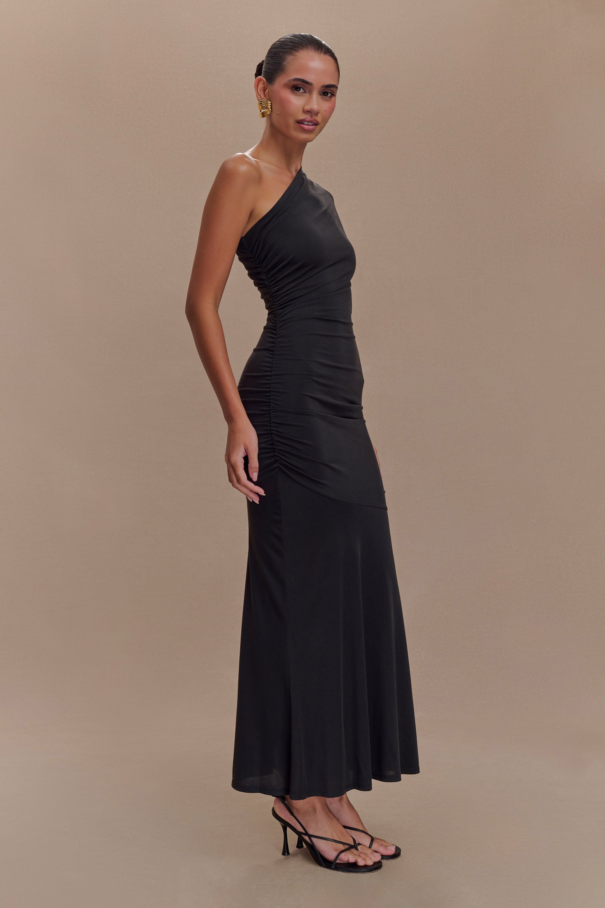 strapless open back dress Chloe Peached Jersey One Shoulder Midi Dress - Black
