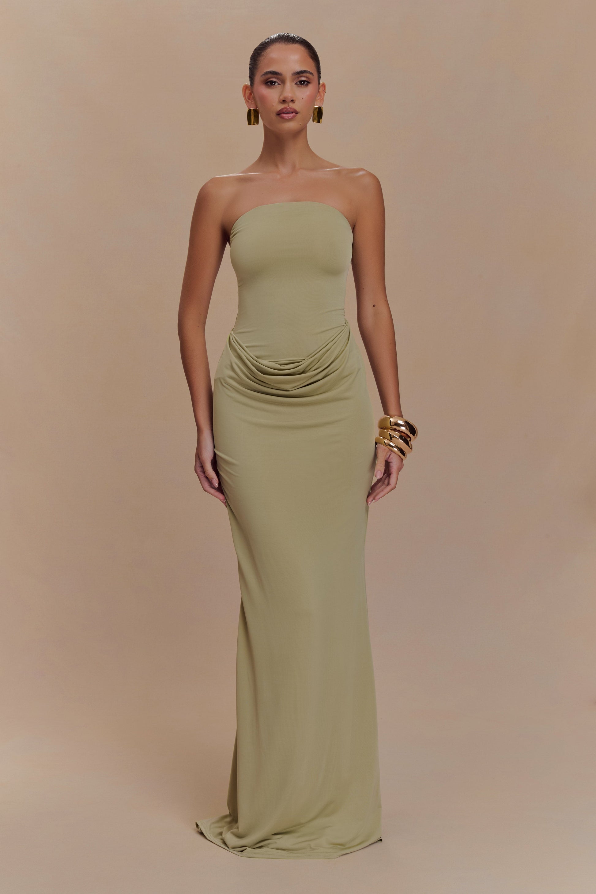Madison Strapless Slinky Maxi Dress - Sage #5