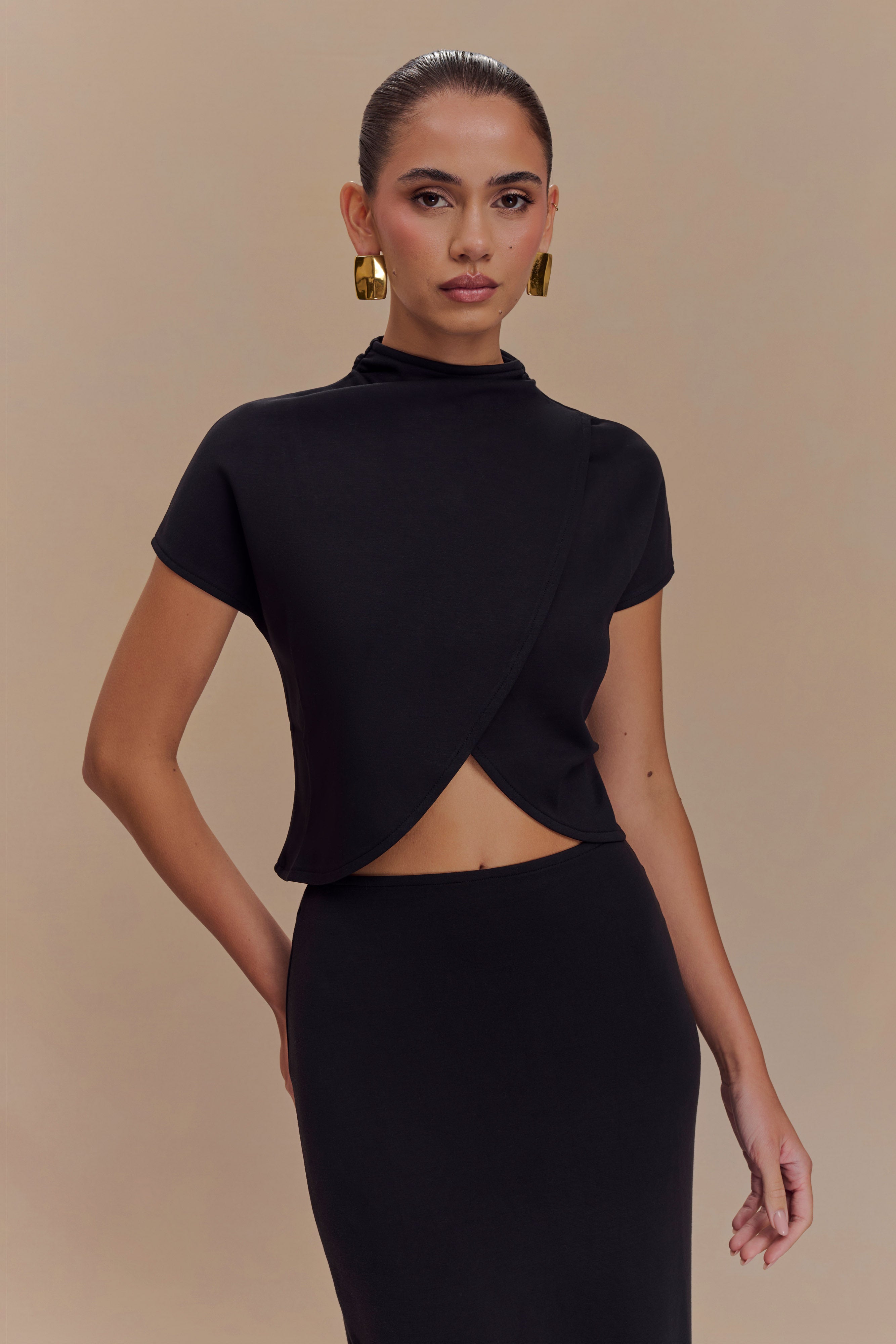 Eris High Neck Scuba Jersey Top - Black | MESHKI UK