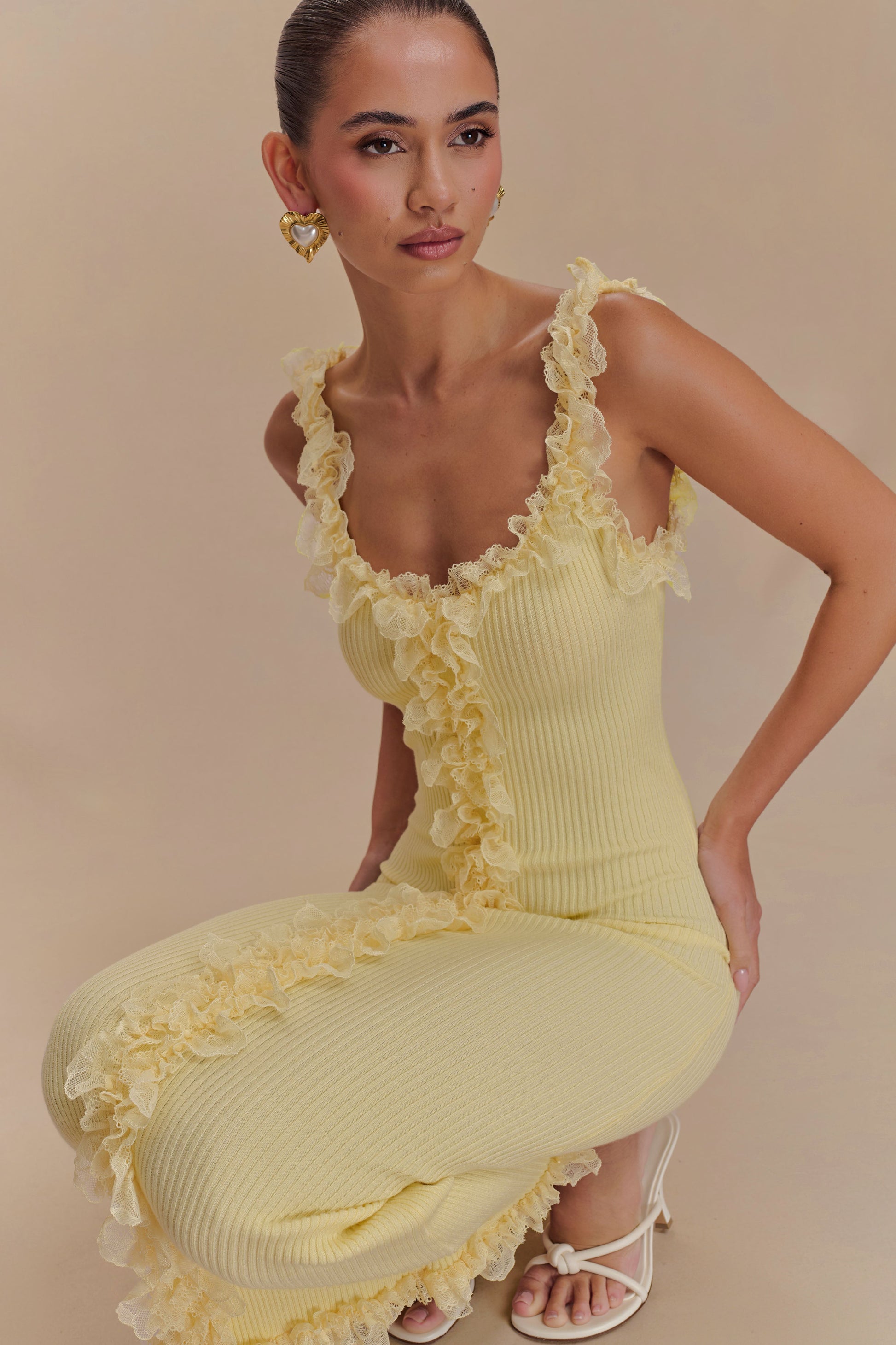Shay Lace Ruffle Knit Midi Dress - Lemon #3