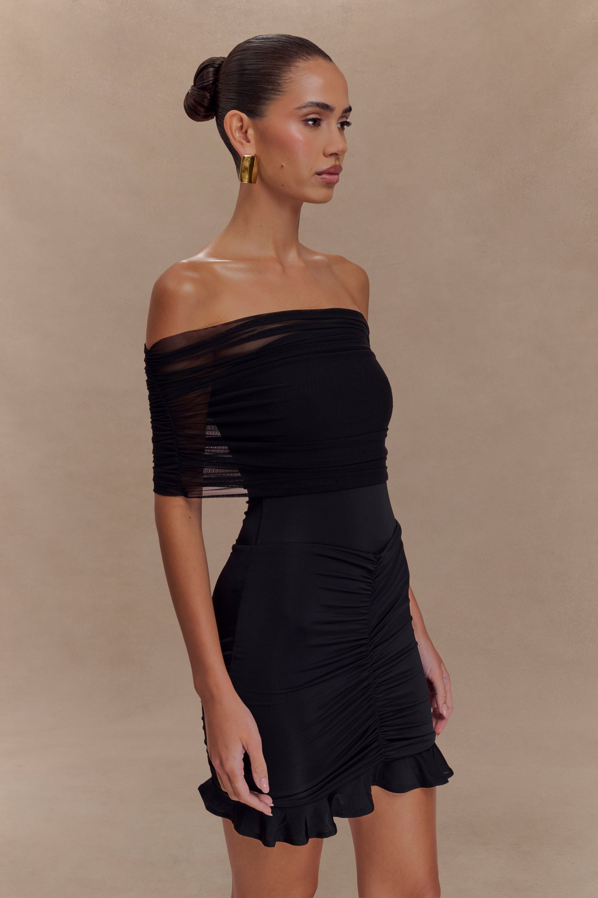 Caspian Slinky And Mesh Off Shoulder Mini Dress - Black #4