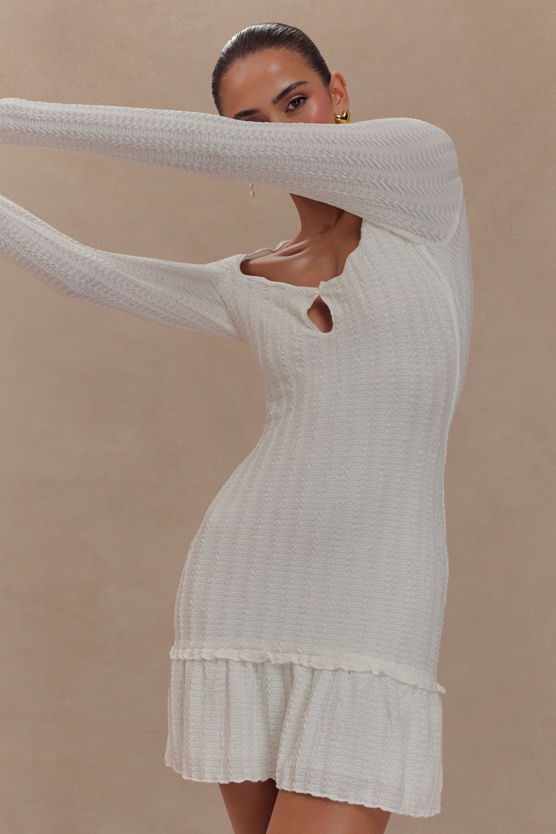 Daphne Pointelle Long Sleeve Mini Dress - Ivory #3