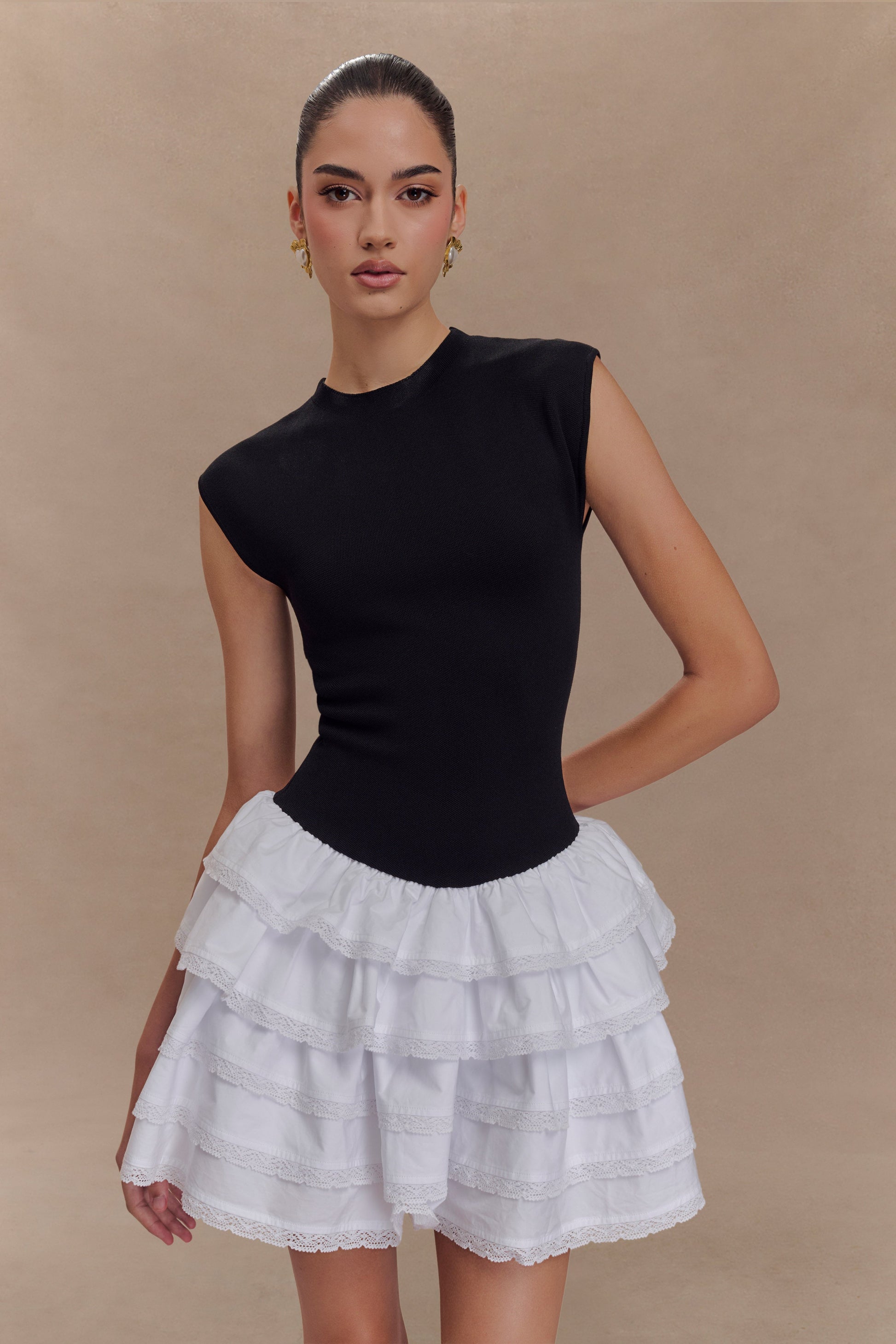 Maeve Contrast Ruffle Knit Mini Dress - Black/White #2