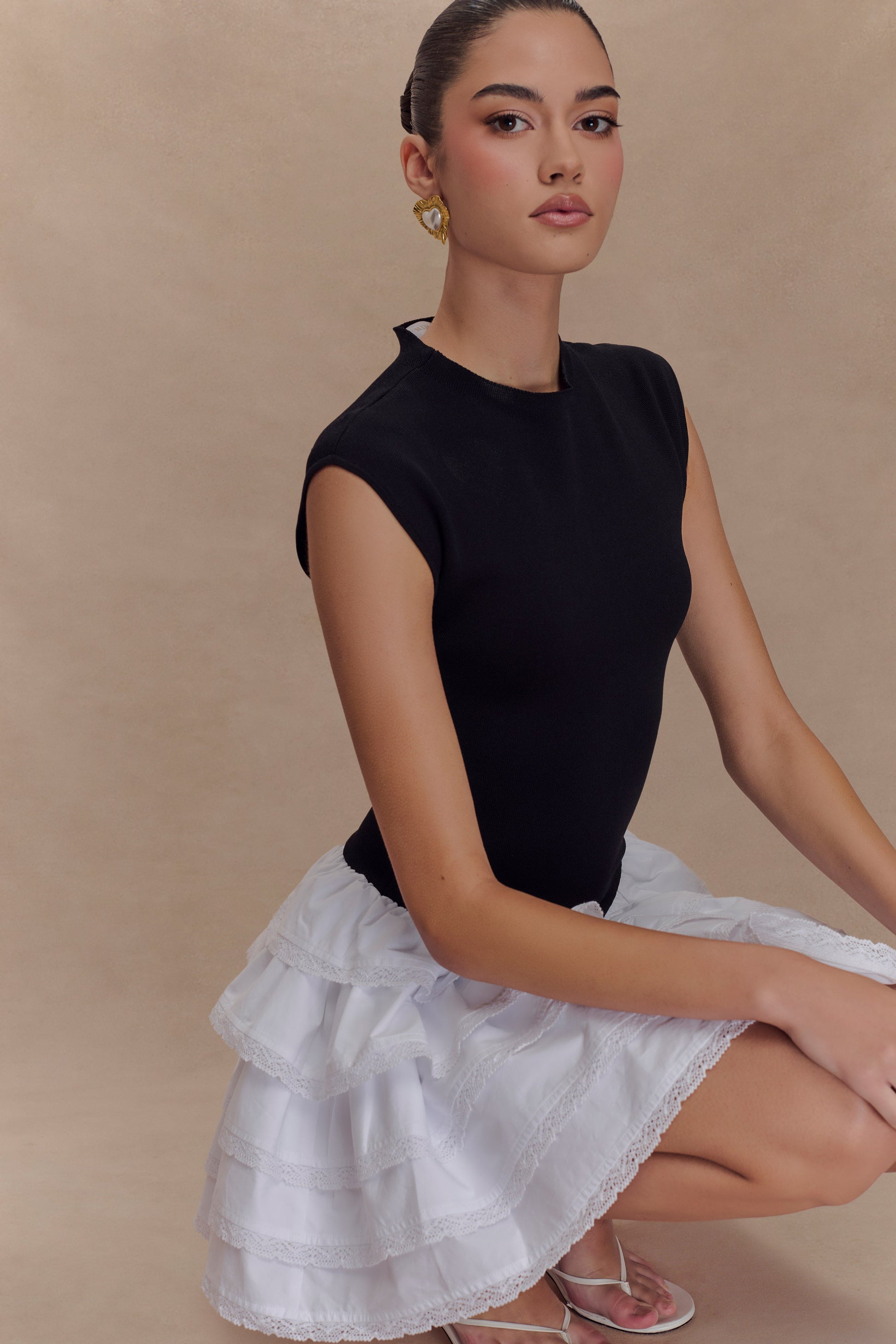 Maeve Contrast Ruffle Knit Mini Dress - Black/White #4