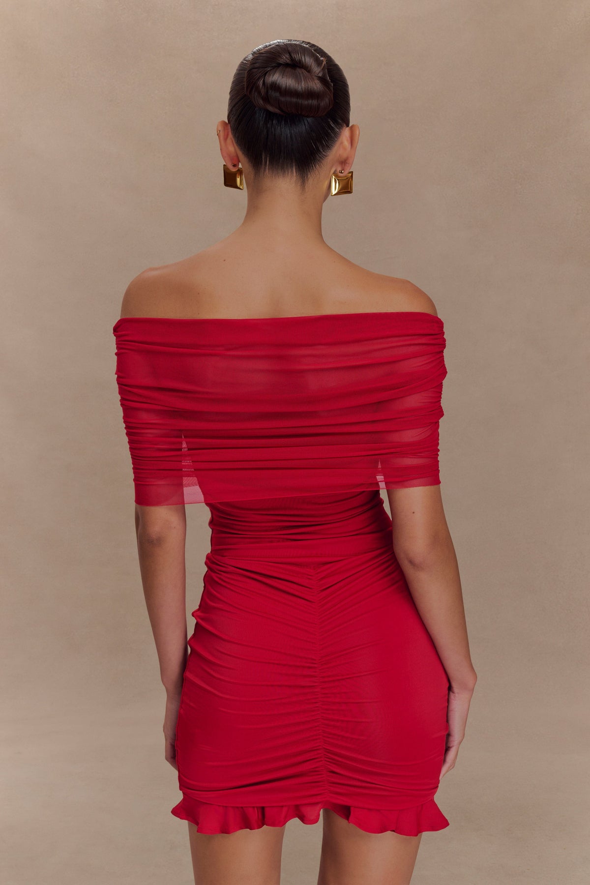 Caspian Slinky And Mesh Off Shoulder Mini Dress - Ruby #2