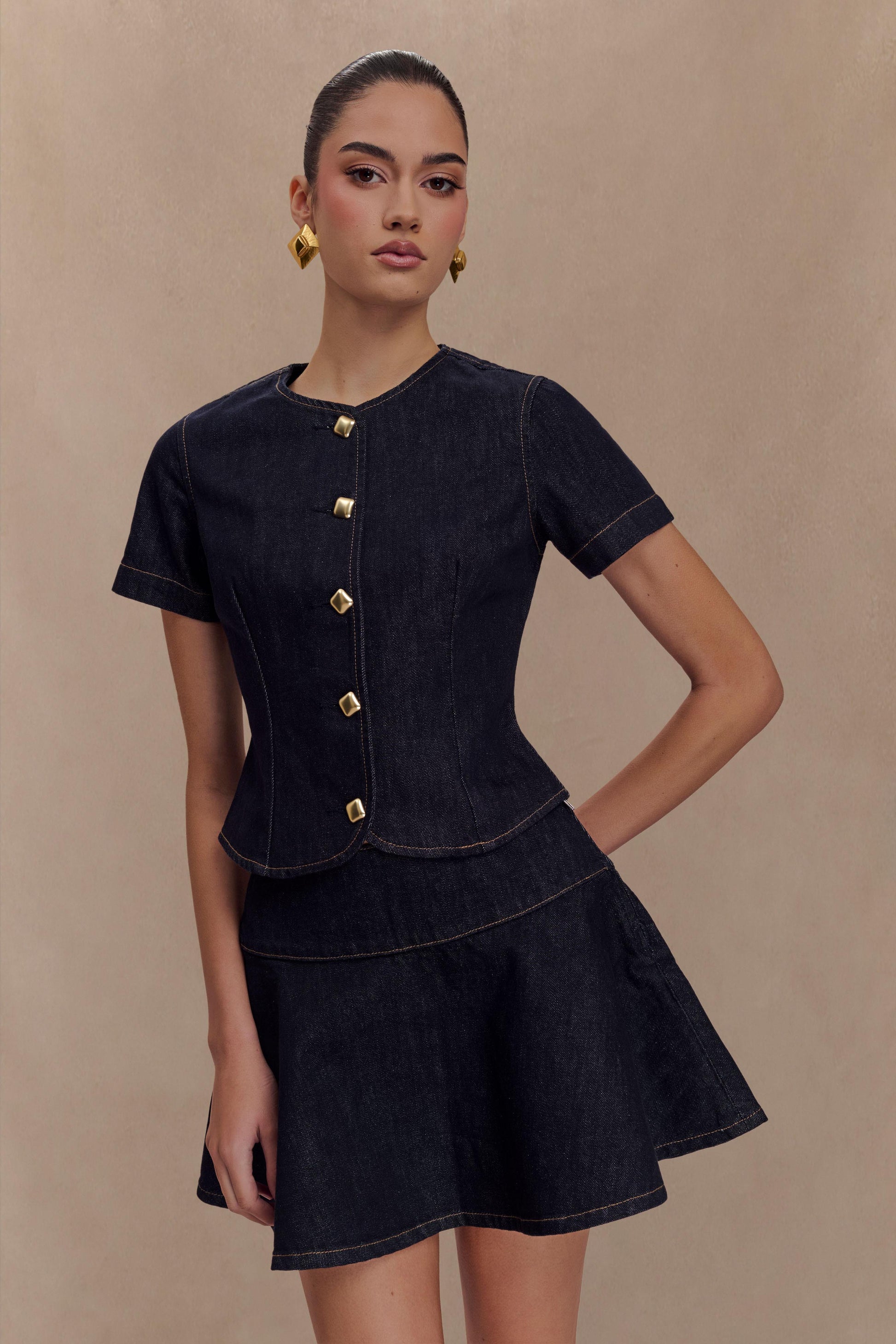Bethany Short Sleeve Buttoned Denim Top - Washed Indigo Blue #6