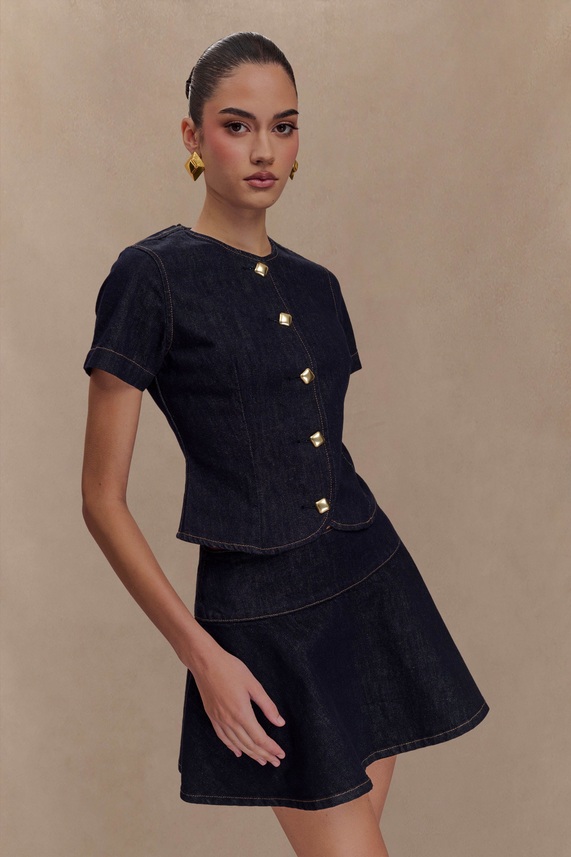 Bethany Short Sleeve Buttoned Denim Top - Washed Indigo Blue #4