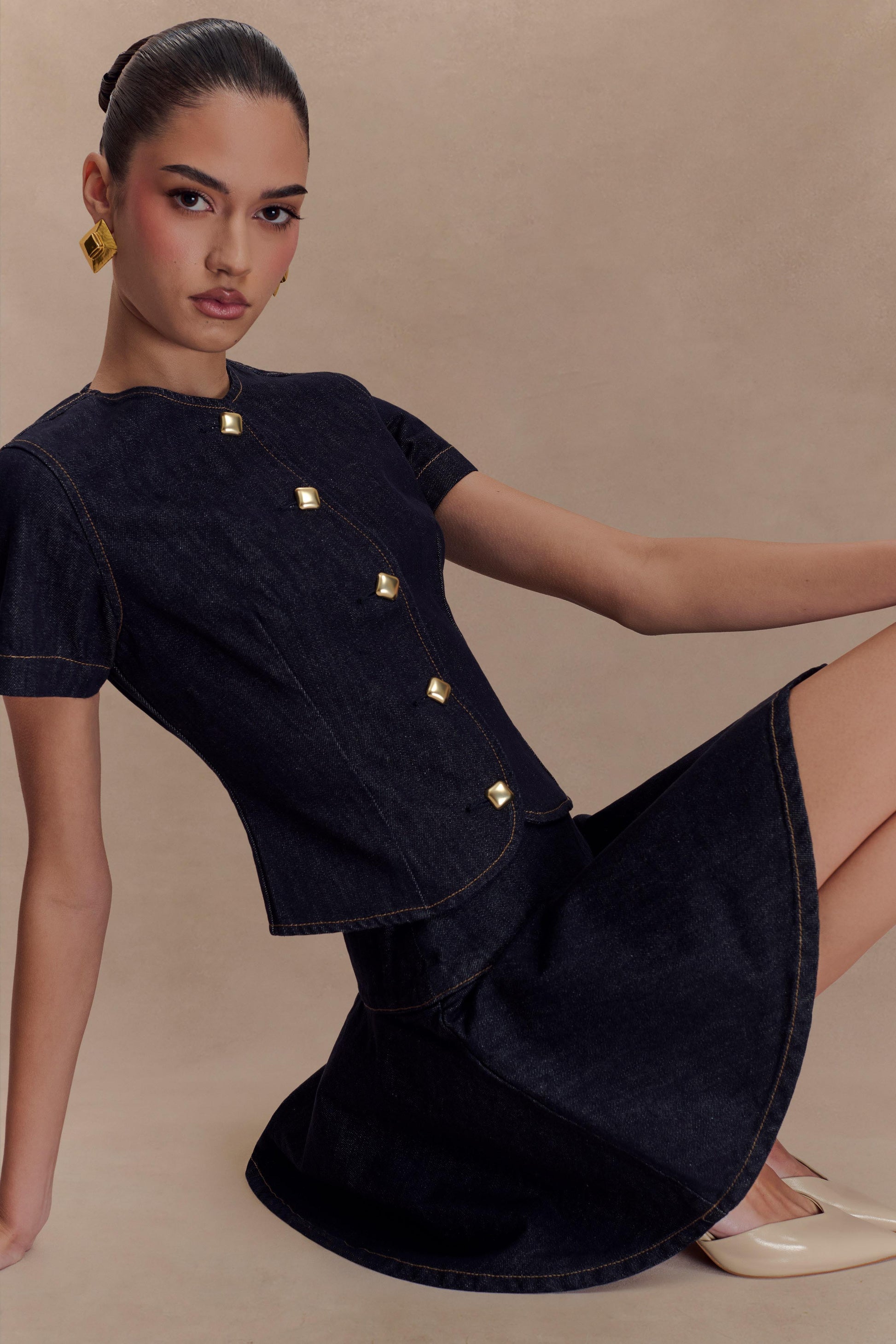 Bethany Short Sleeve Buttoned Denim Top - Washed Indigo Blue #3