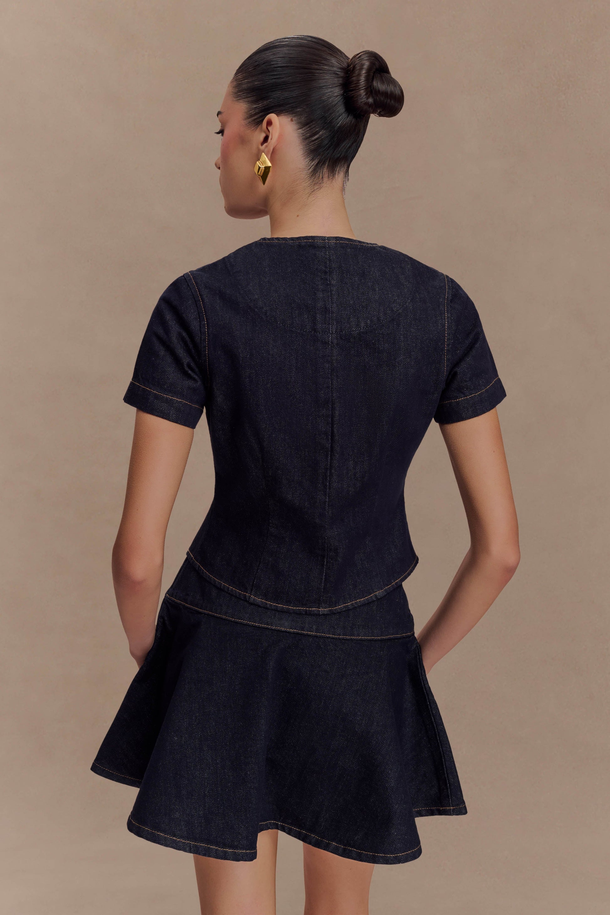 Bethany Short Sleeve Buttoned Denim Top - Washed Indigo Blue #5