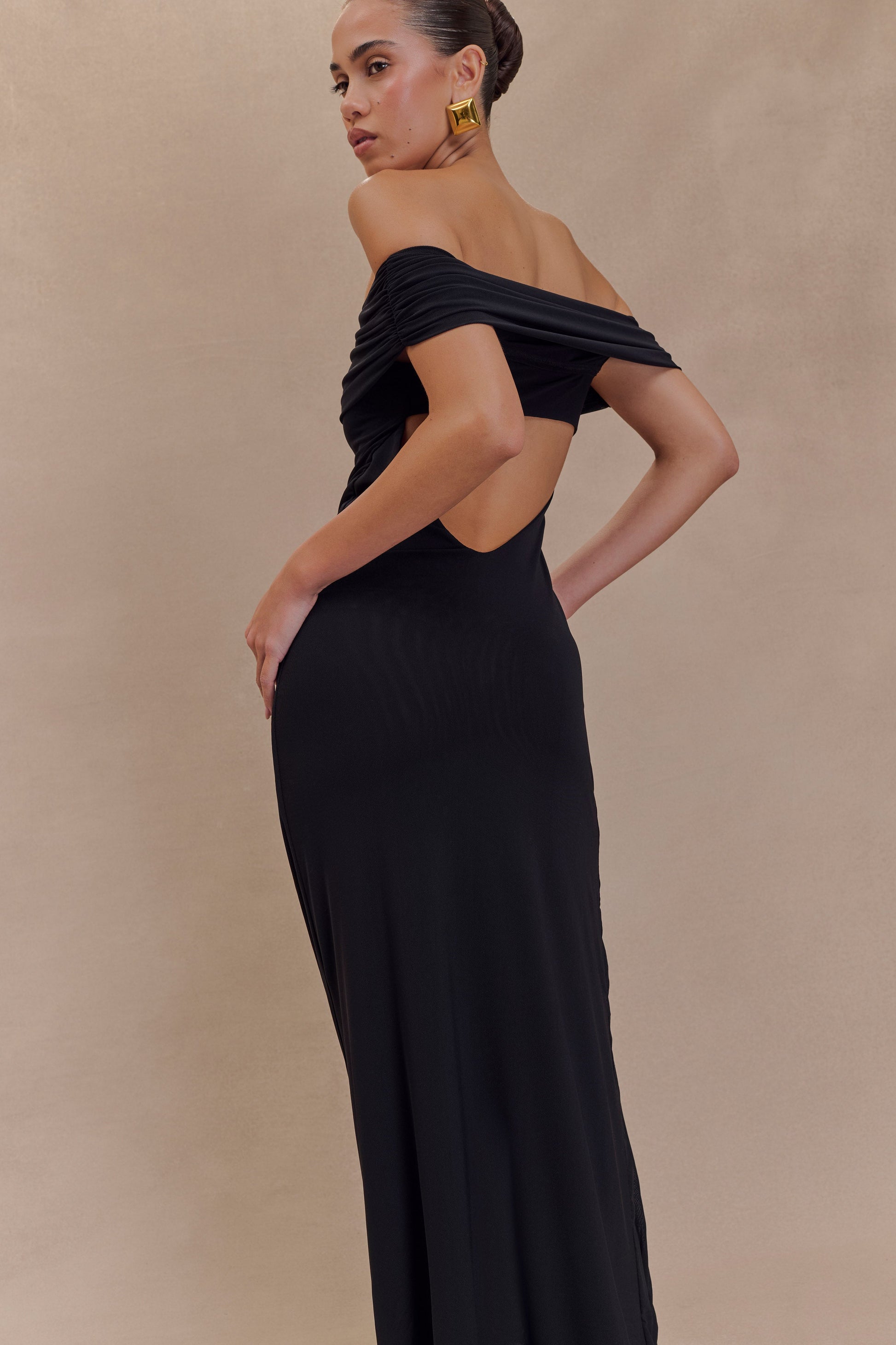 Audrey Off Shoulder Mesh Maxi Dress - Black | MESHKI UK Audrey Off Shoulder Mesh Maxi Dress - Black | MESHKI UK