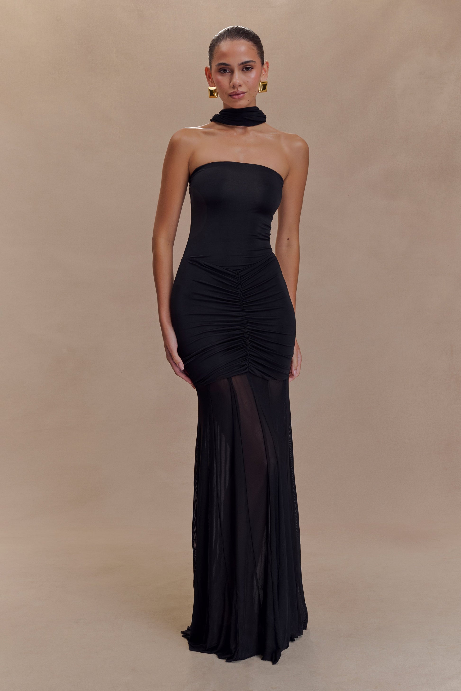 Caspian Slinky And Mesh Off Shoulder Maxi Dress - Black #5