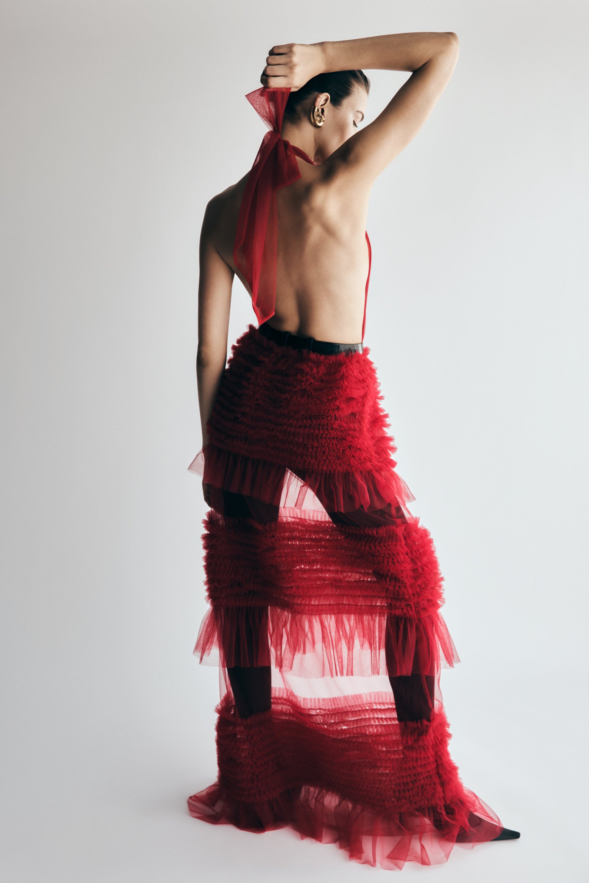 Minka Mesh Ruffle Halter Maxi Dress - Red #4