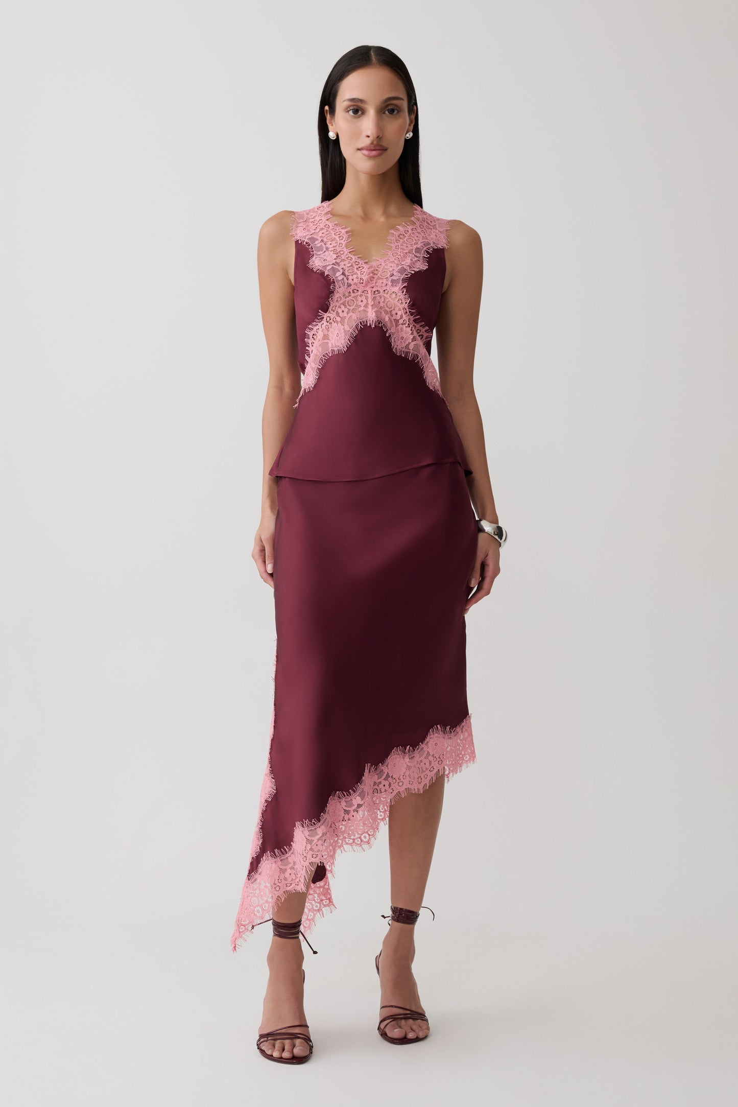 Amber Satin And Lace Midi Skirt - Burgundy