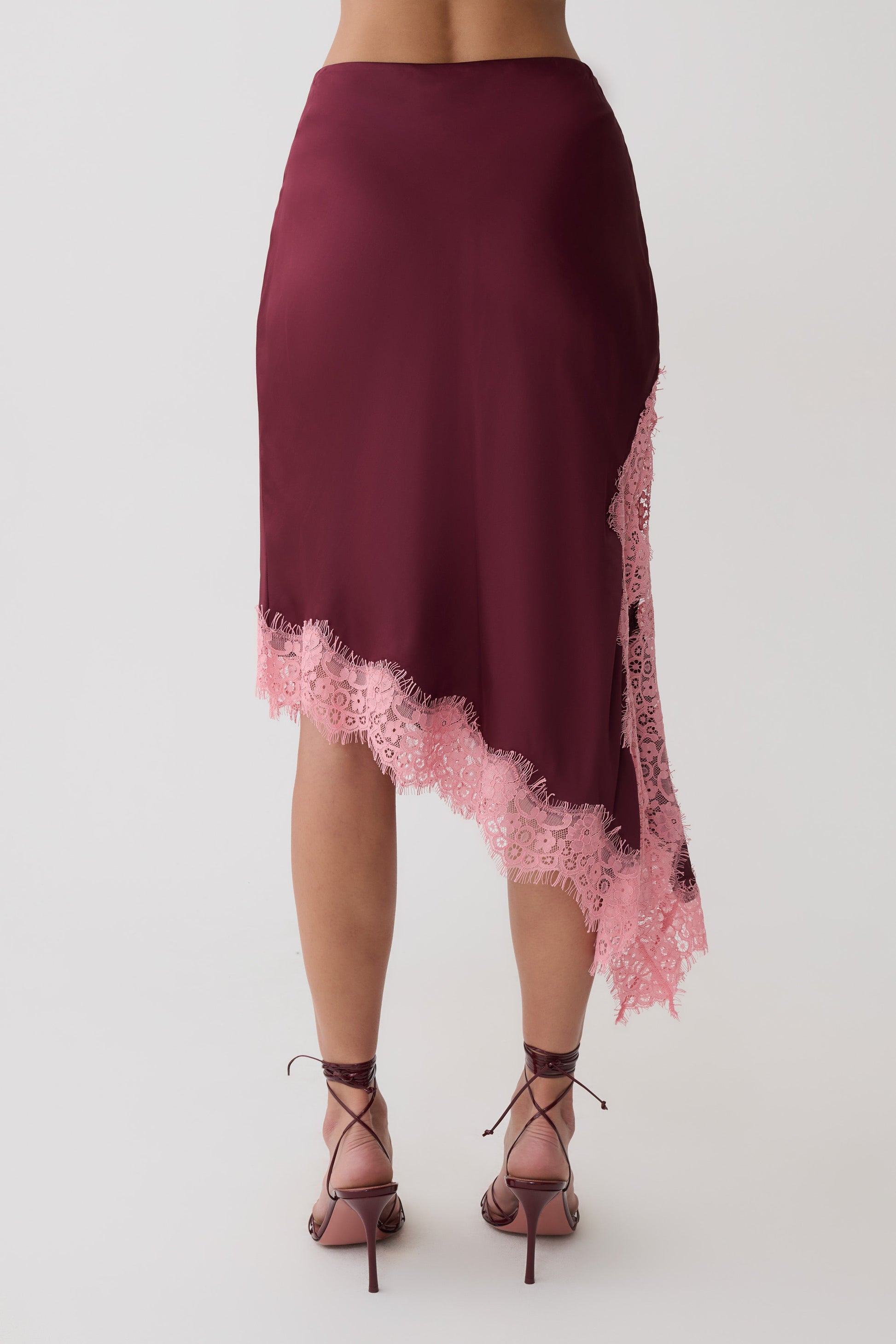 Amber Satin And Lace Midi Skirt - Burgundy #5
