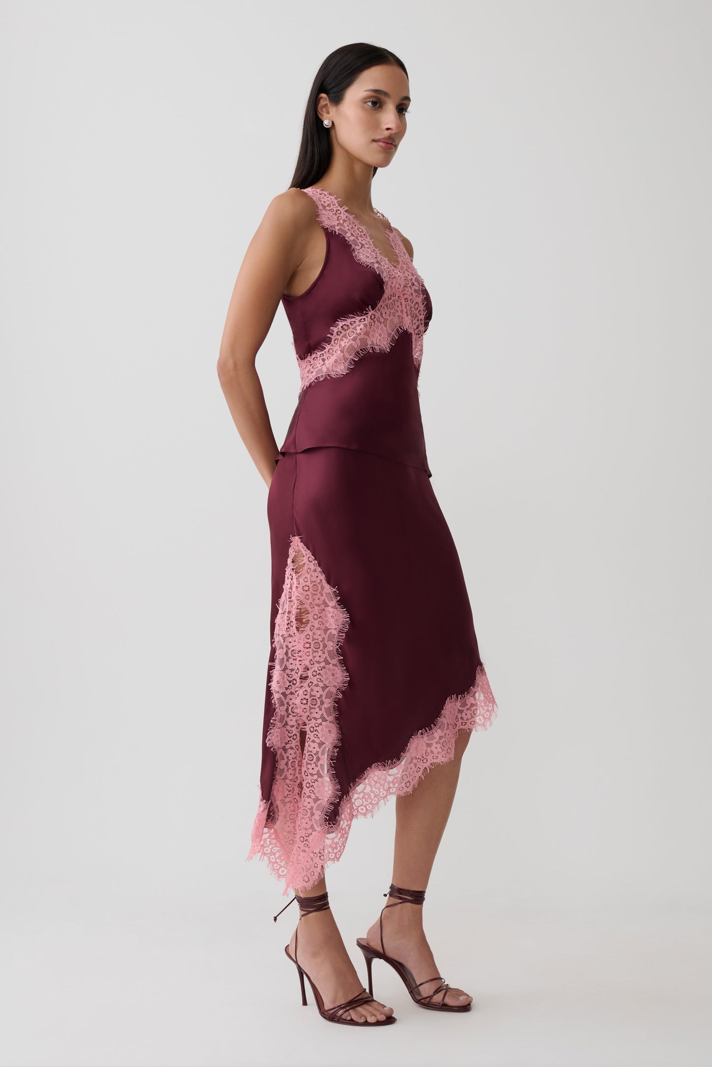 Amber Satin And Lace Midi Skirt - Burgundy