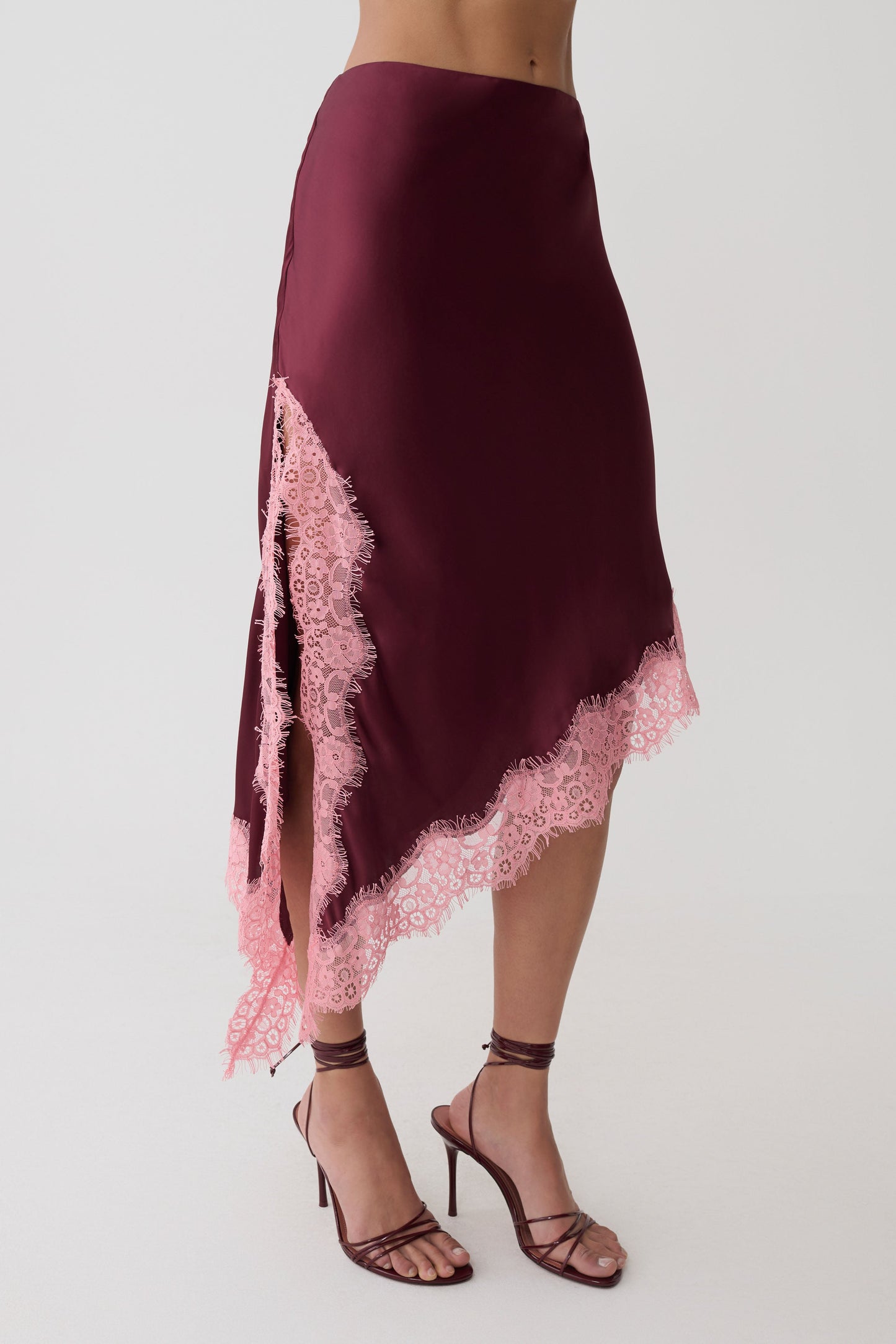 Amber Satin And Lace Midi Skirt - Burgundy