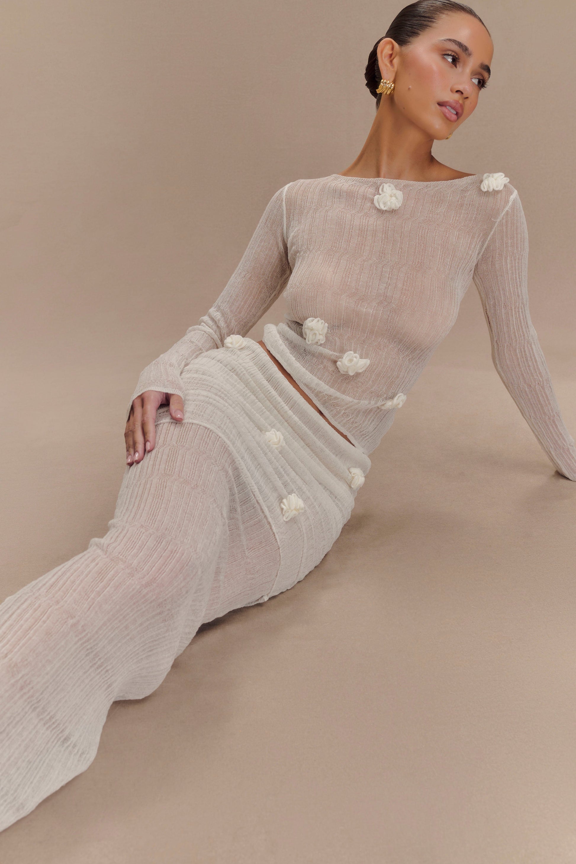 Orianna Orchid Knit Maxi Skirt - Ivory #3