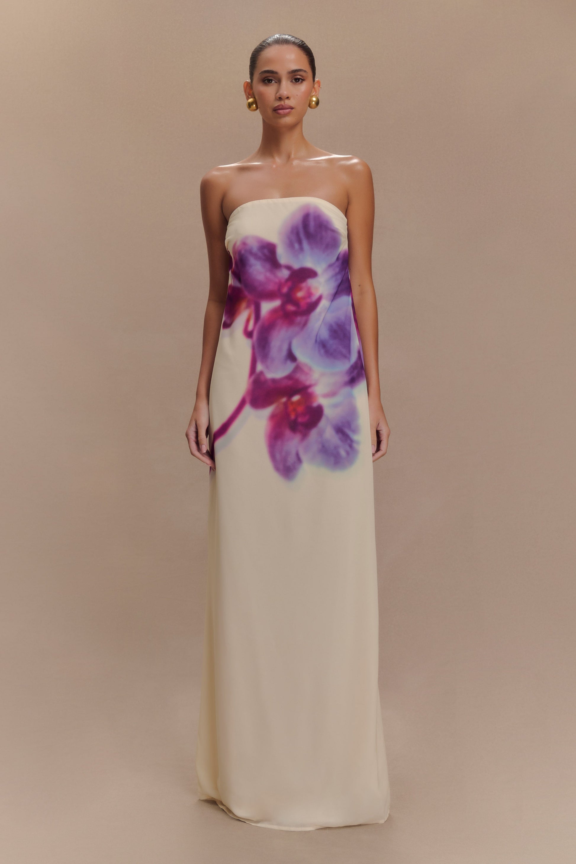 Amaya Strapless Chiffon Maxi Dress - Ivory Koi Orchid Print #2