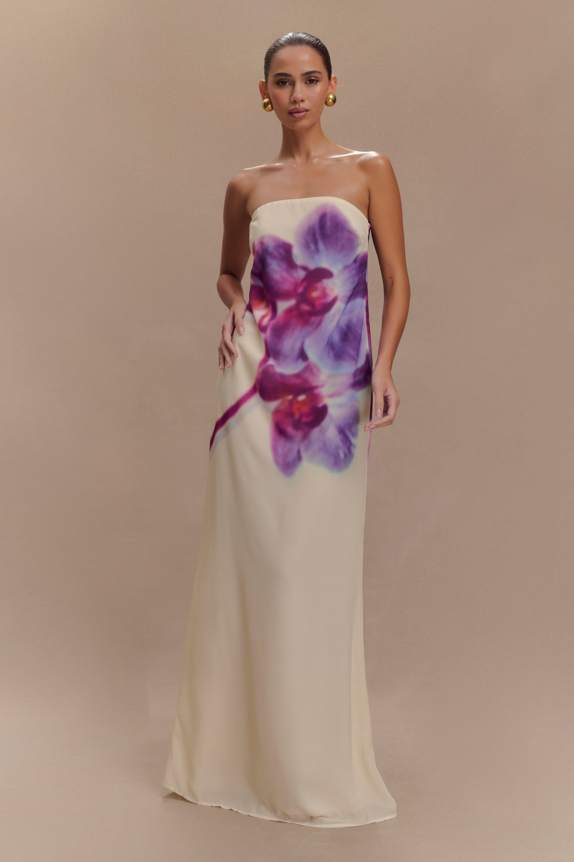 Amaya Strapless Chiffon Maxi Dress - Ivory Koi Orchid Print #5