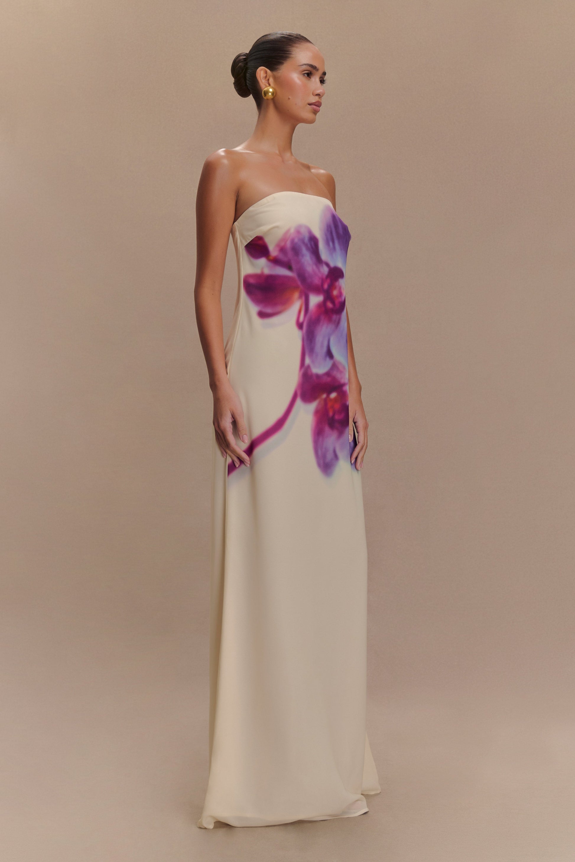 Amaya Strapless Chiffon Maxi Dress - Ivory Koi Orchid Print #4