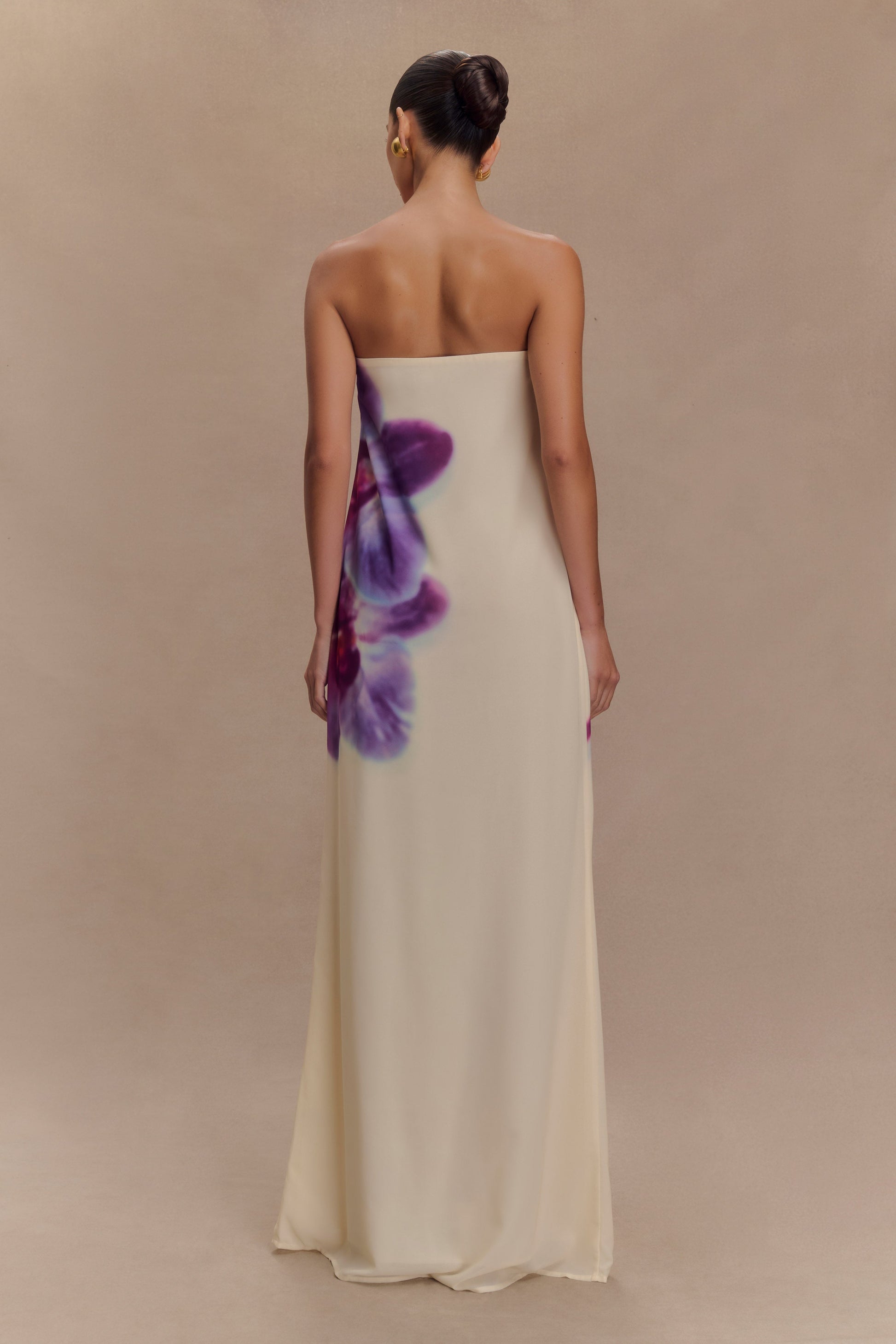 Amaya Strapless Chiffon Maxi Dress - Ivory Koi Orchid Print #3