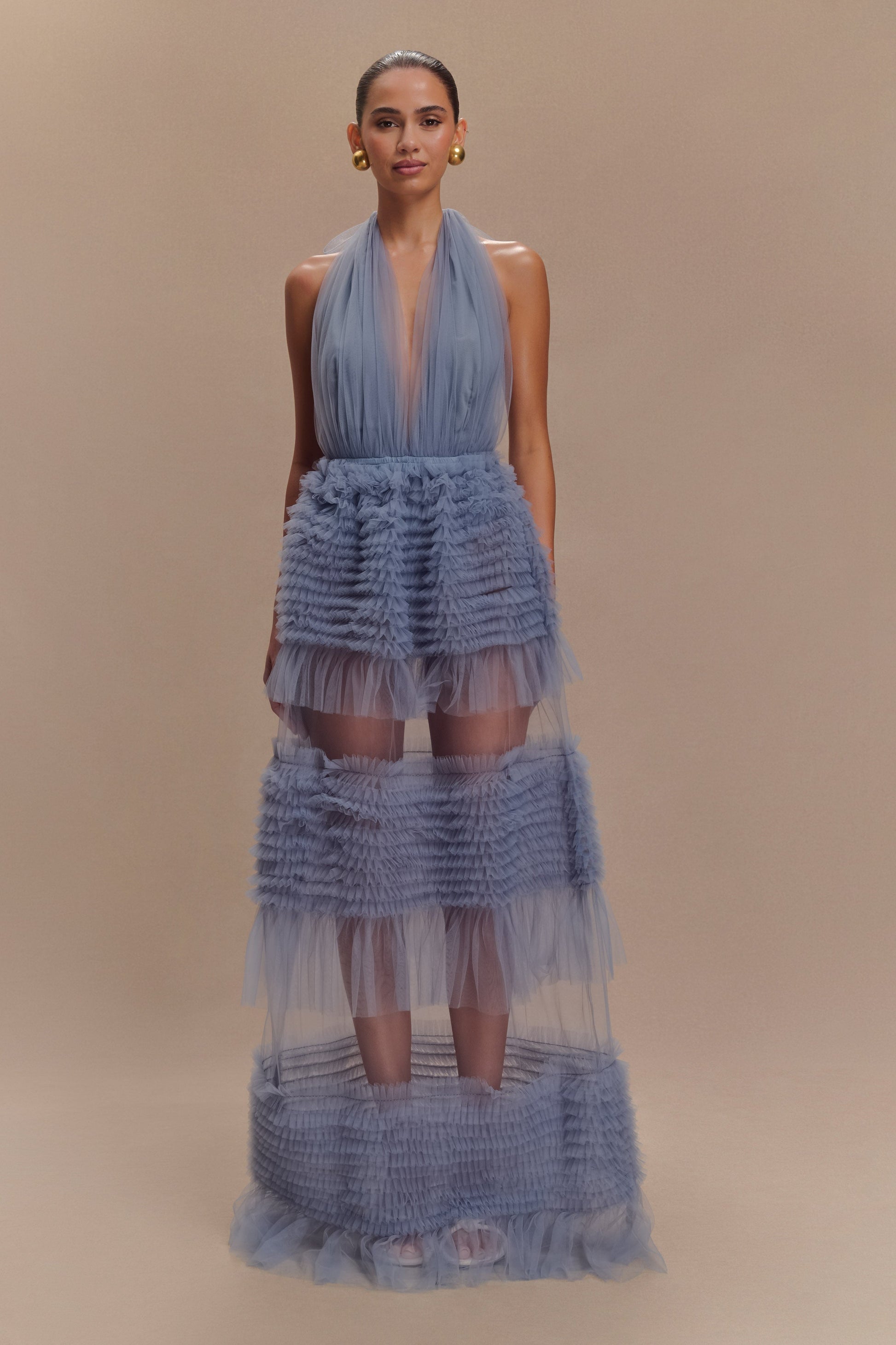 Minka Mesh Ruffle Halter Maxi Dress - Dusty Blue #2