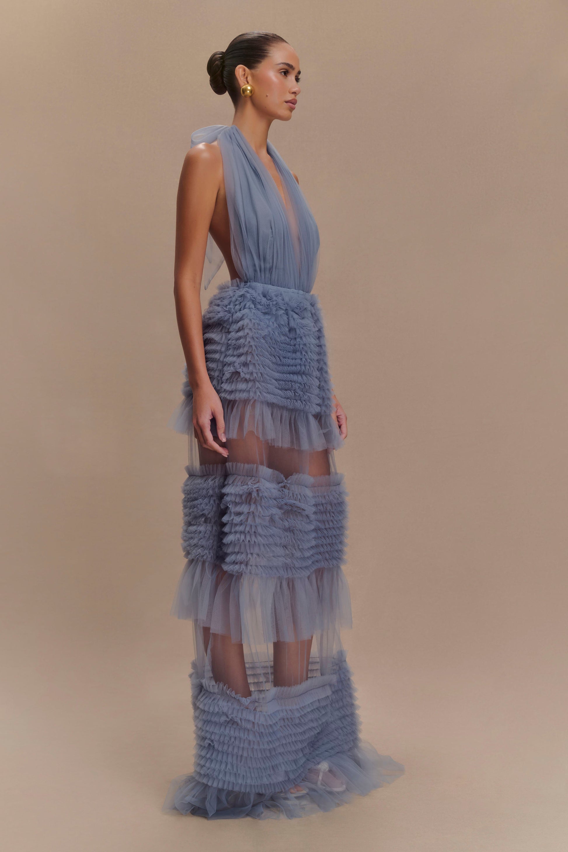 Minka Mesh Ruffle Halter Maxi Dress - Dusty Blue #5