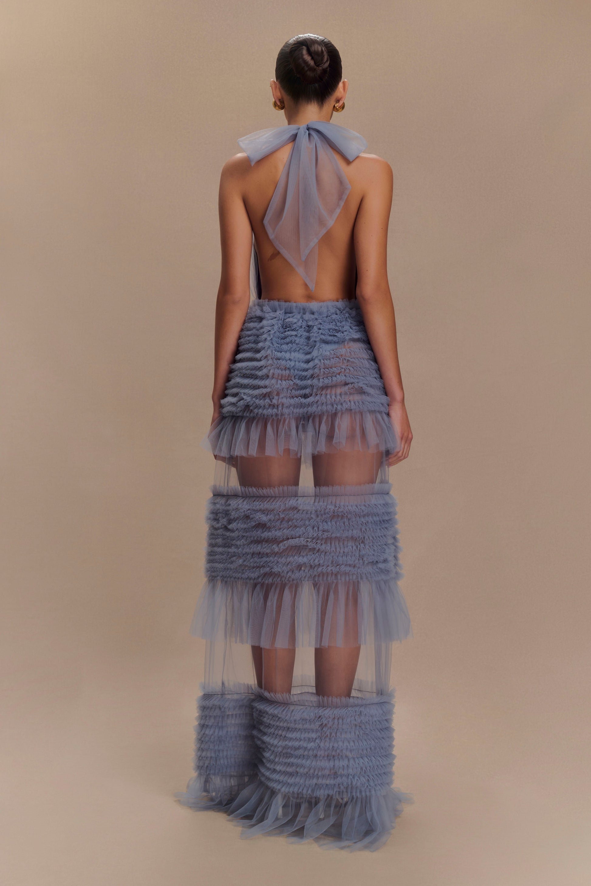 Minka Mesh Ruffle Halter Maxi Dress - Dusty Blue #3