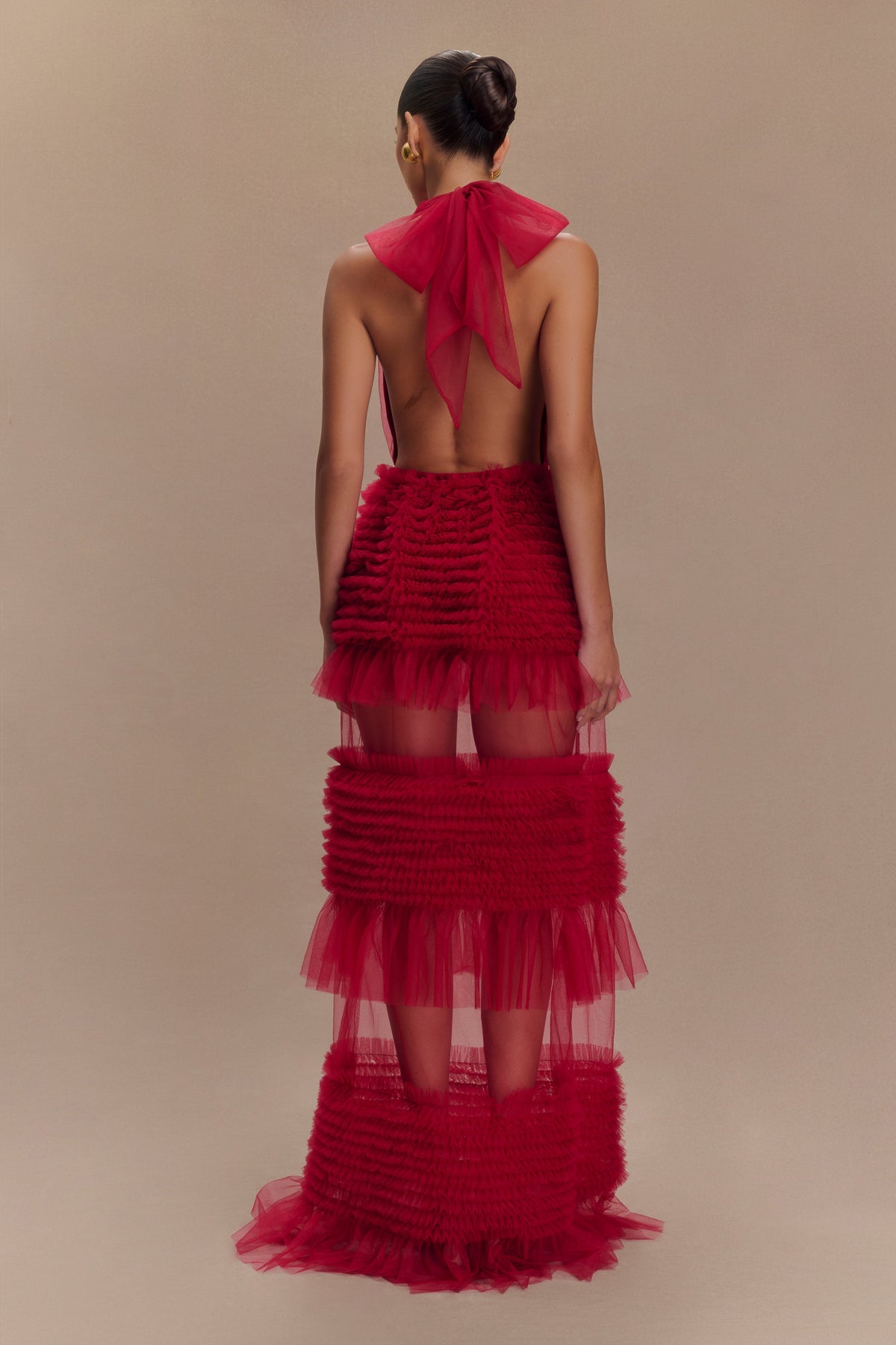 Minka Mesh Ruffle Halter Maxi Dress - Red #7