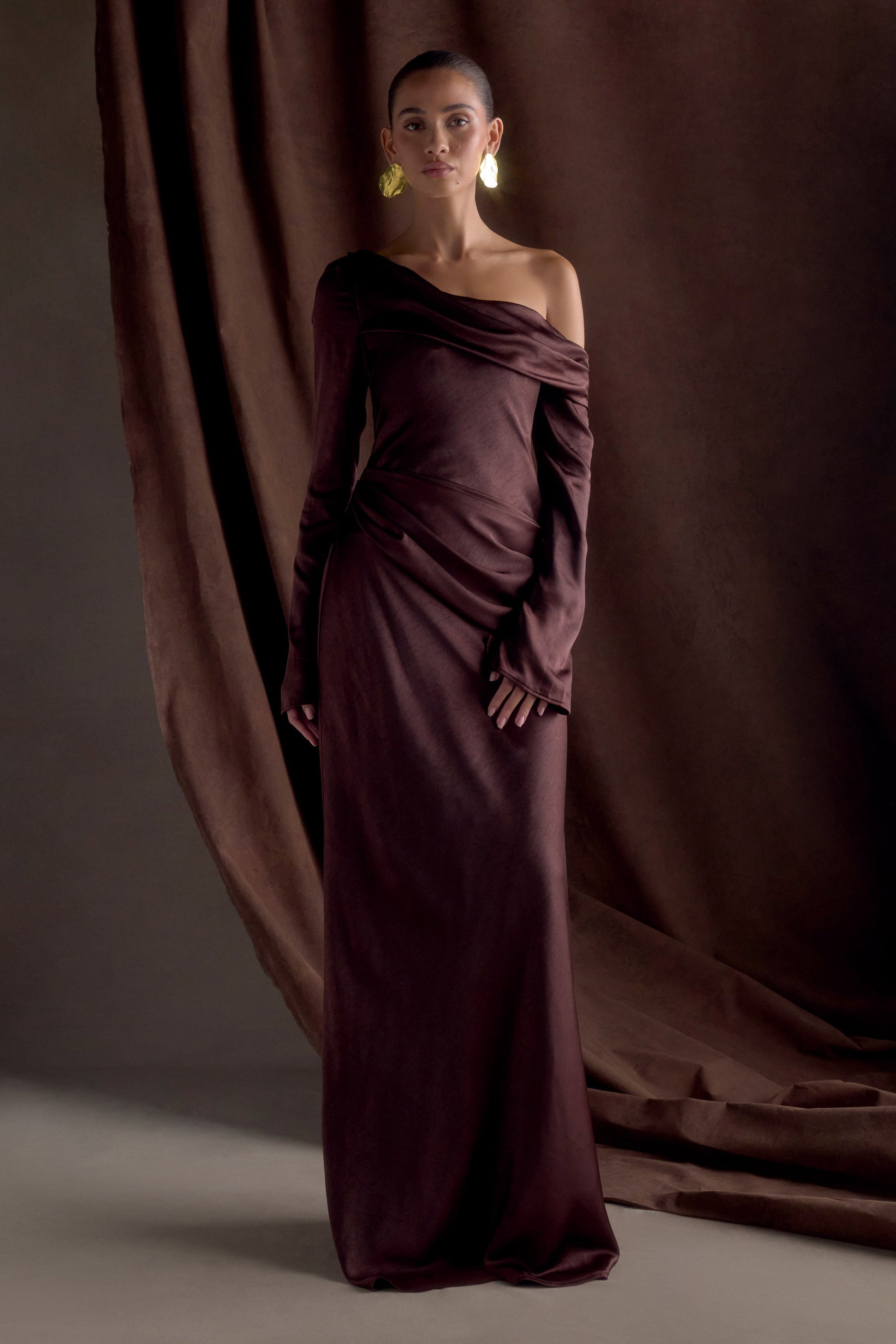 Iris Long Sleeve Satin Maxi Dress - Dark Chocolate Iris Long Sleeve Satin Maxi Dress - Dark Chocolate