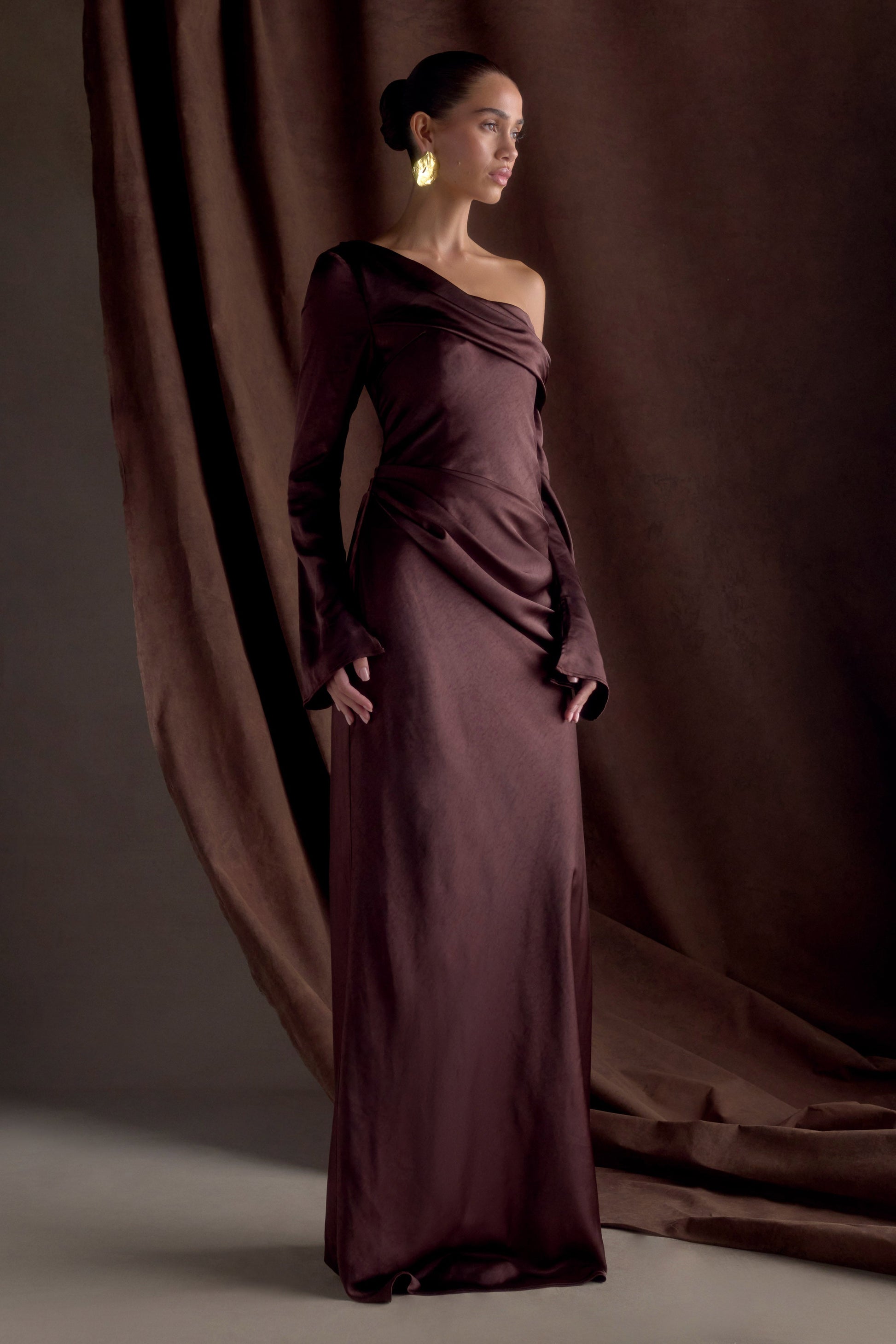 Iris Long Sleeve Satin Maxi Dress - Dark Chocolate Iris Long Sleeve Satin Maxi Dress - Dark Chocolate