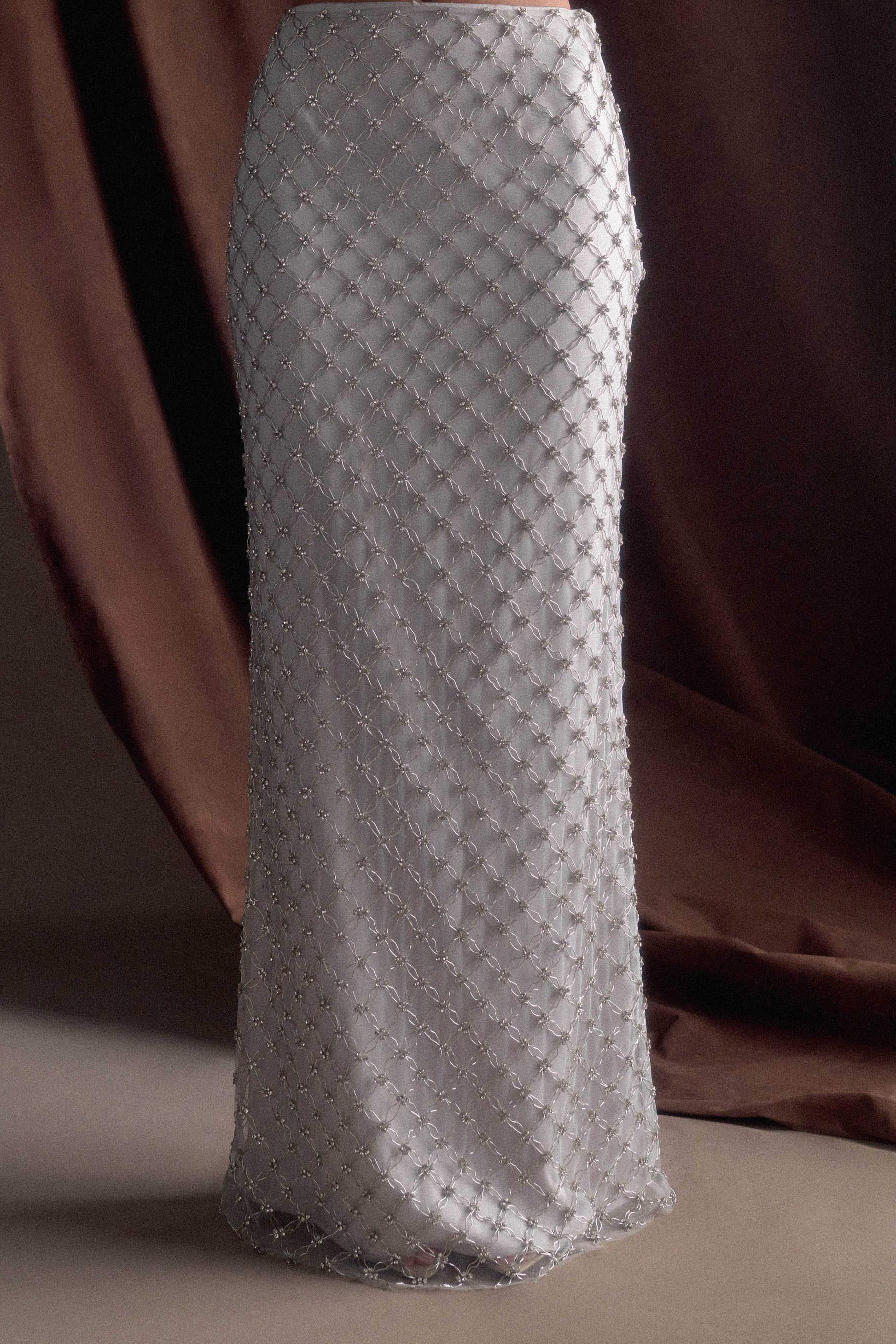 Zuri Hand Beaded Embellished Maxi Skirt - Silver #5