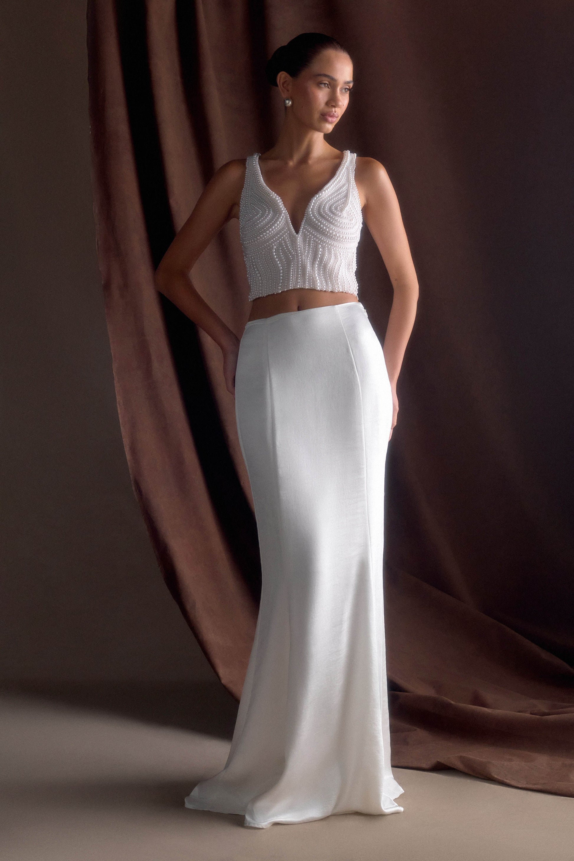 Khloe Satin Fishtail Maxi Skirt - White