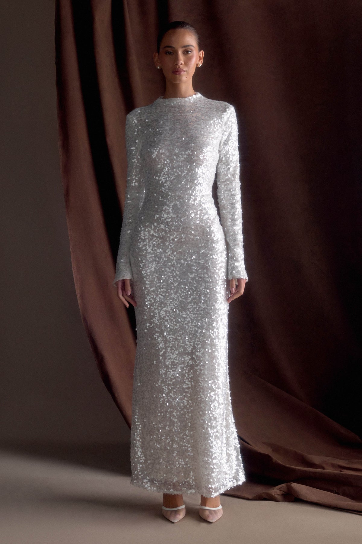Sofia Long Sleeve Sequin Maxi Dress - White #7
