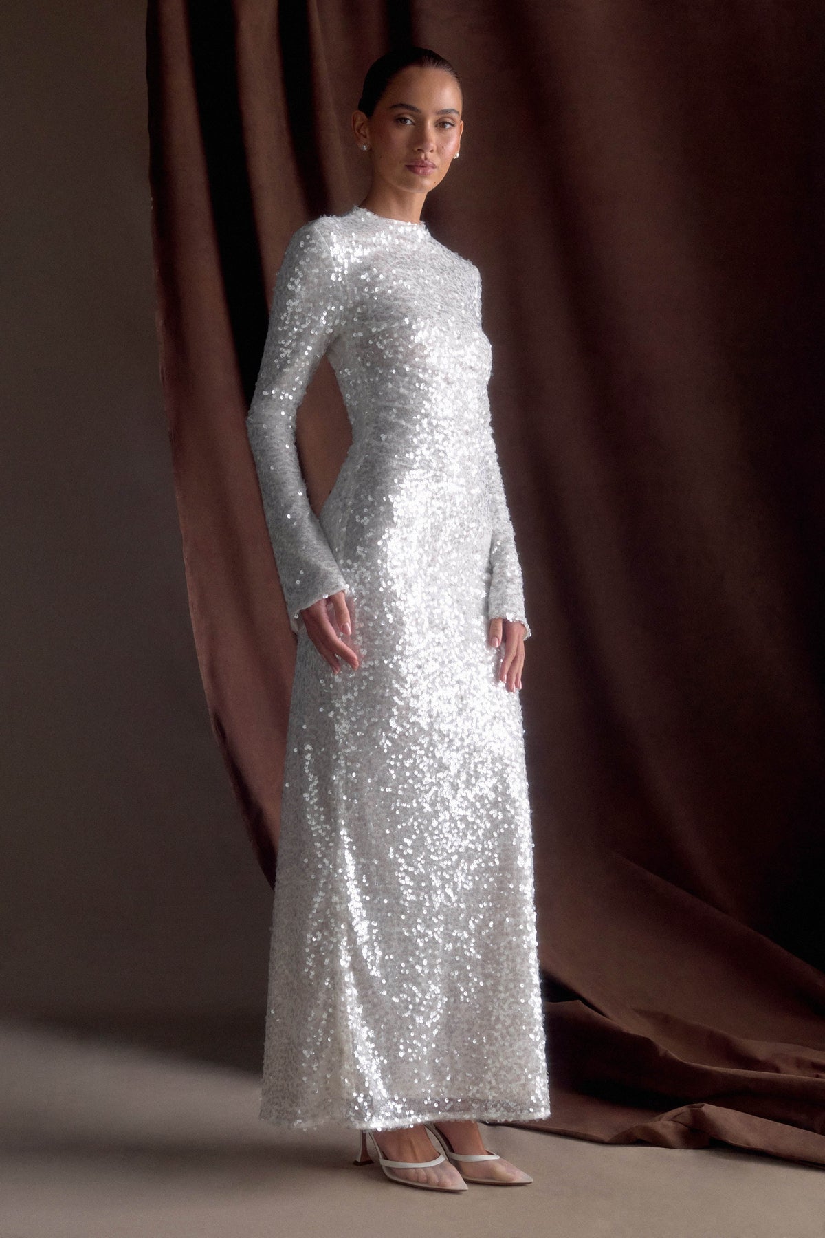 Sofia Long Sleeve Sequin Maxi Dress - White #4