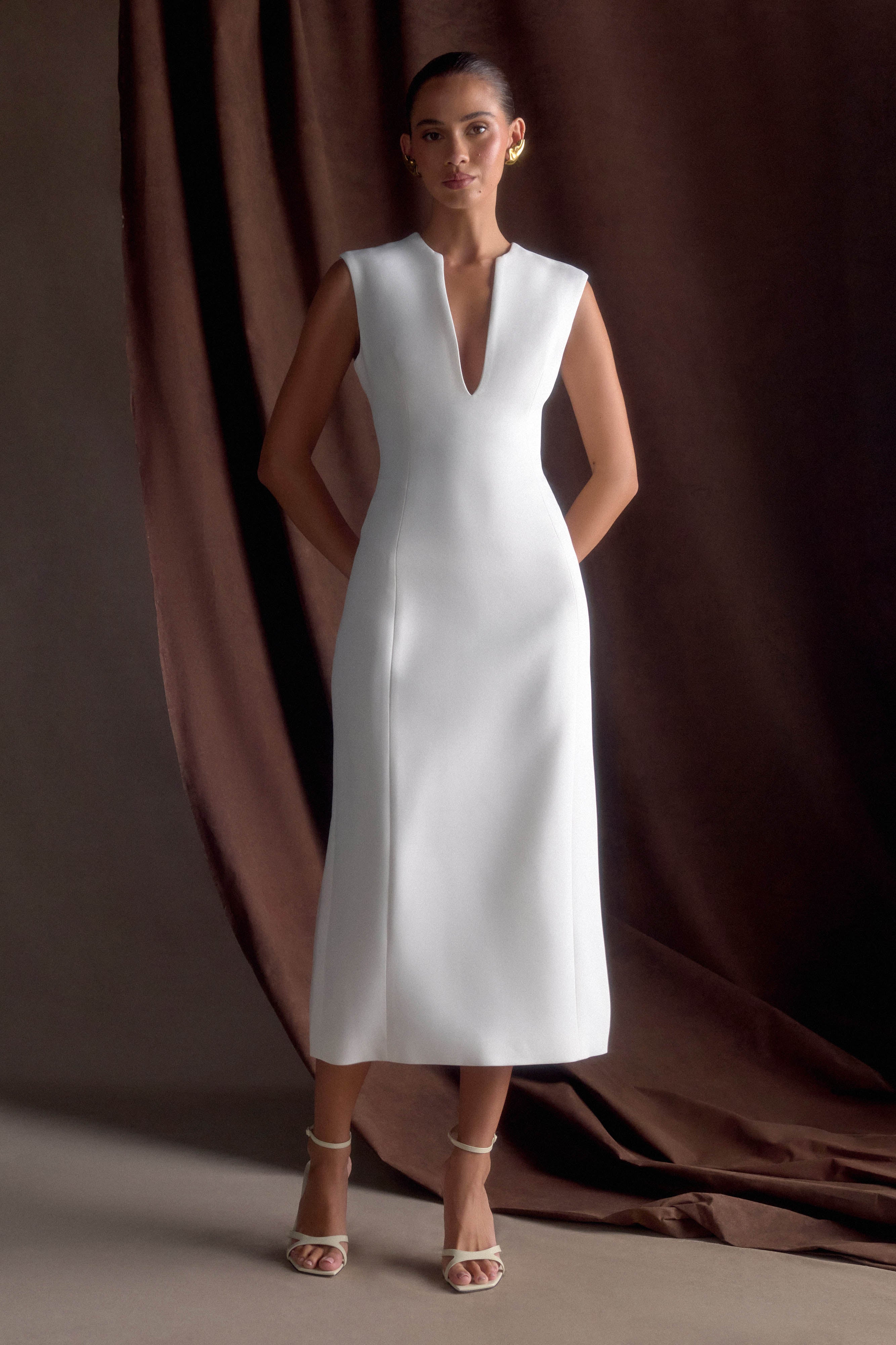 Audrine Suiting Sleeveless Midi Dress - Ivory | MESHKI UK