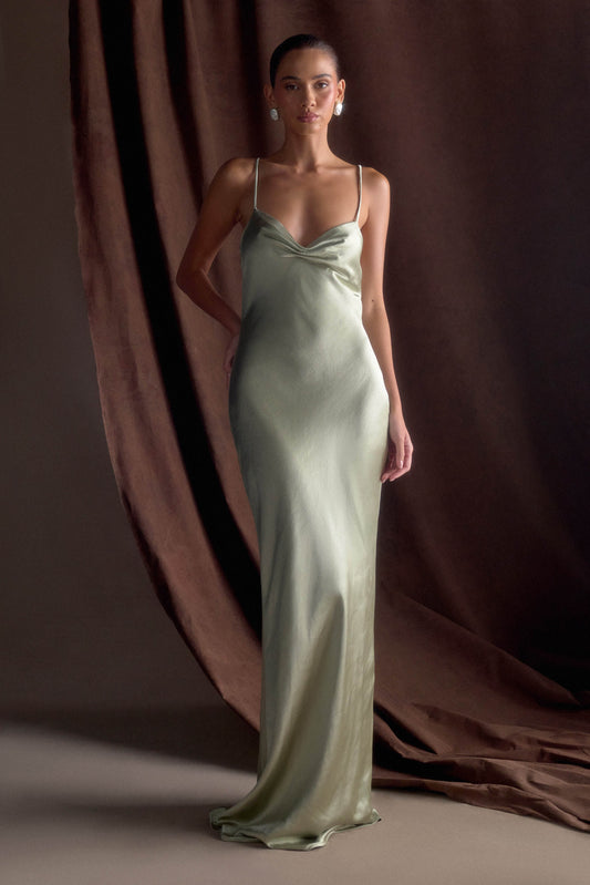 Lilly Sweetheart Satin Maxi Dress - Sage