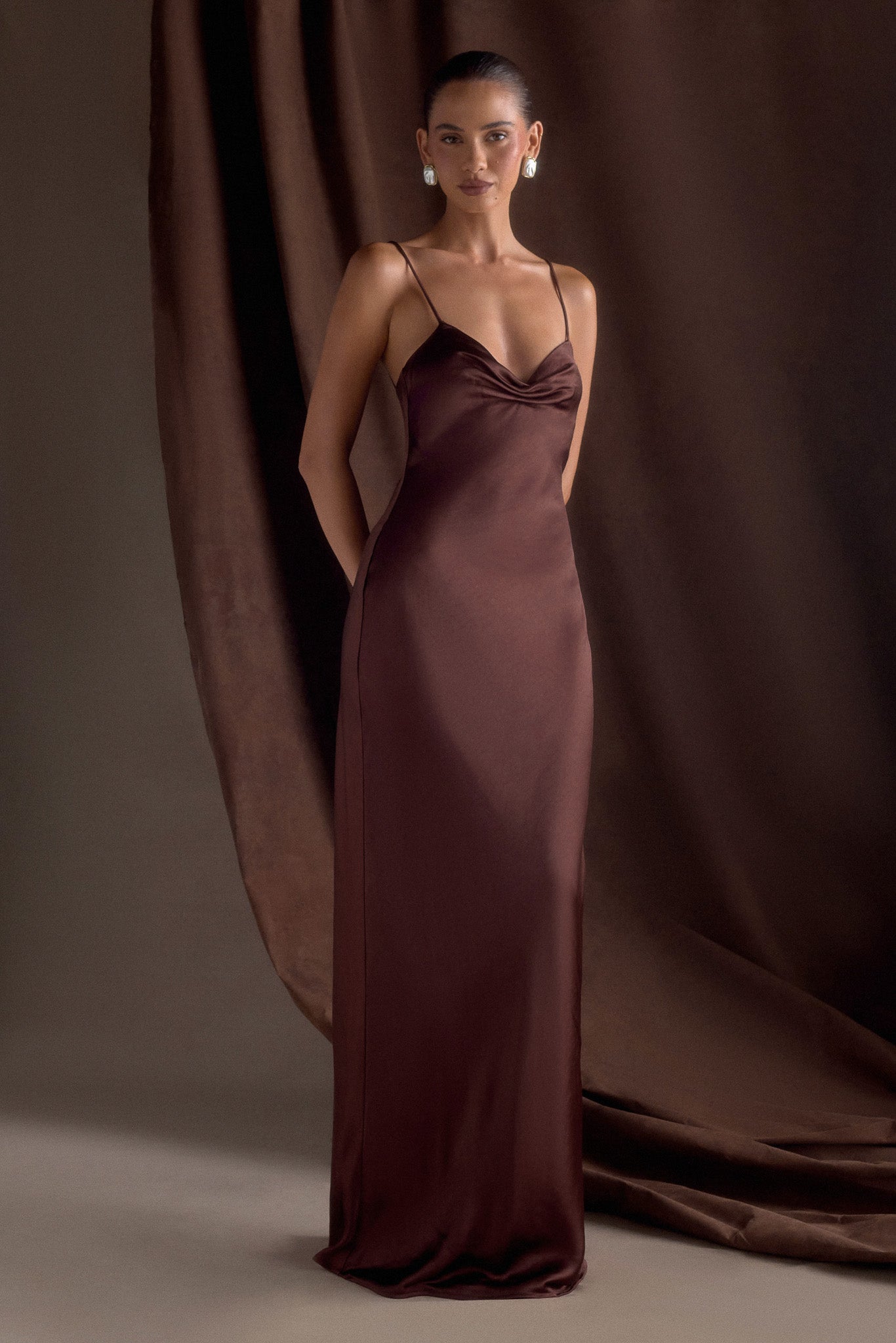 Lilly Sweetheart Satin Maxi Dress - Dark Chocolate | MESHKI UK