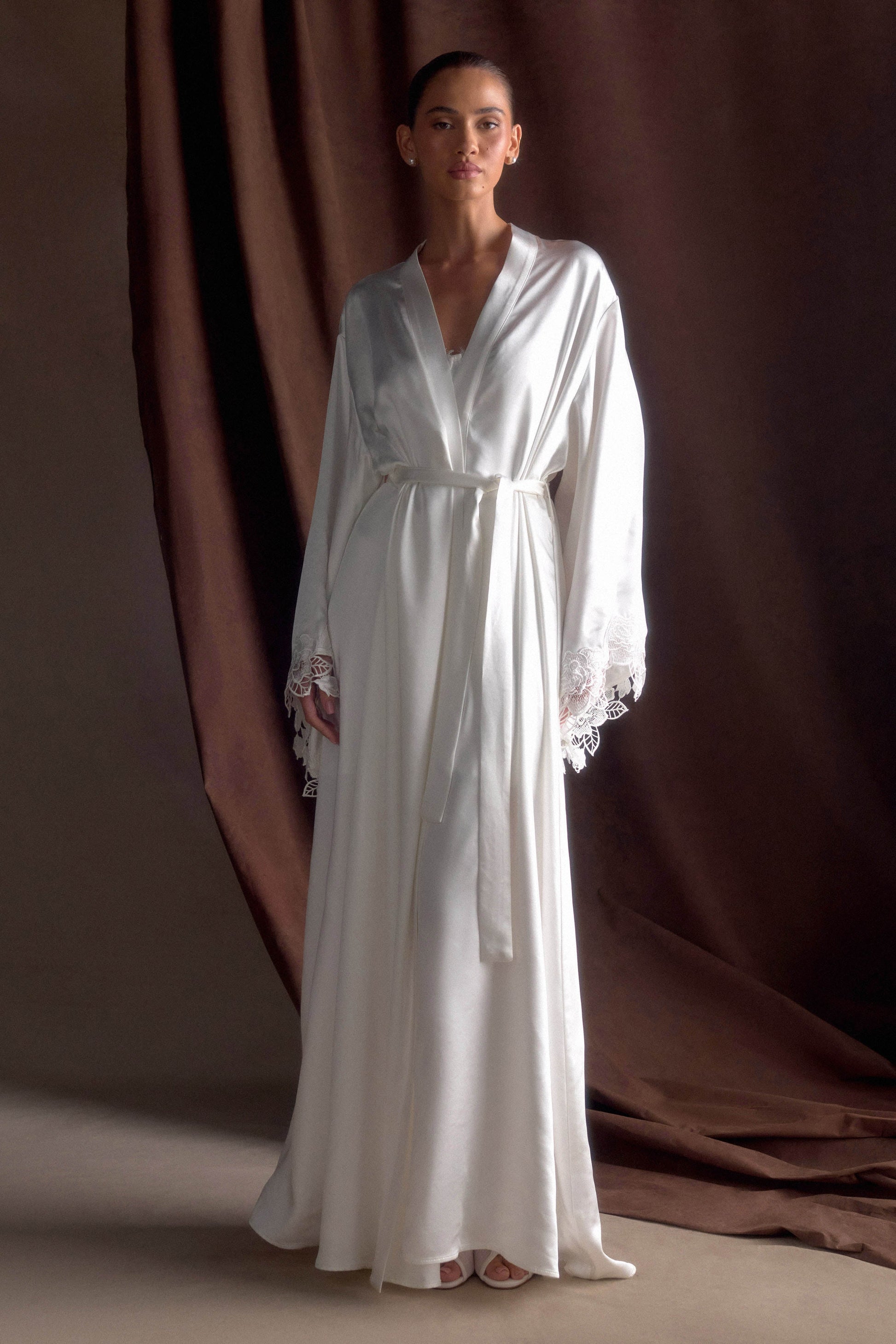 Sullivan Satin Bridal Robe With Lace - Ivory #7