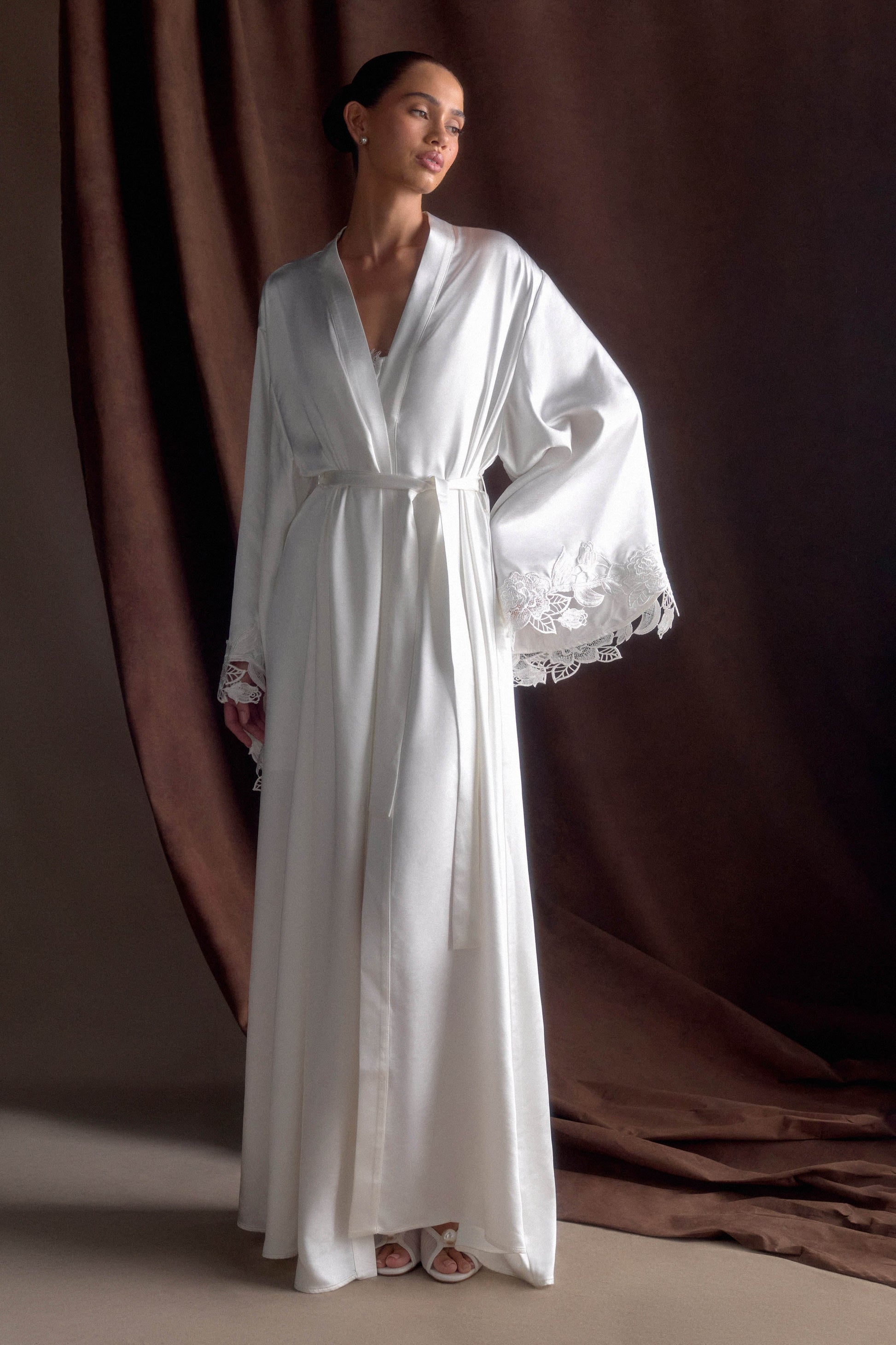 Sullivan Satin Bridal Robe With Lace - Ivory #6