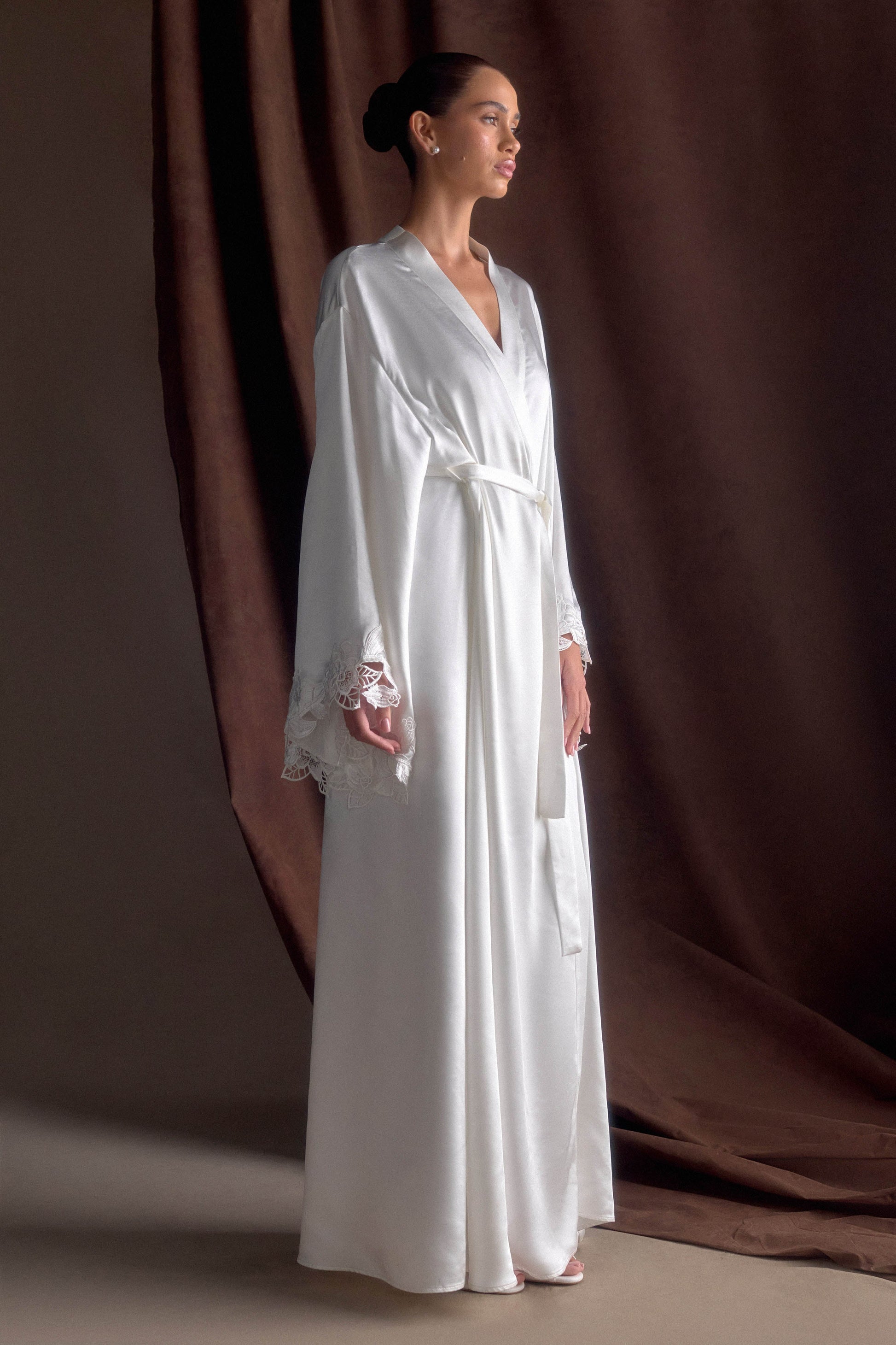 Sullivan Satin Bridal Robe With Lace - Ivory #5