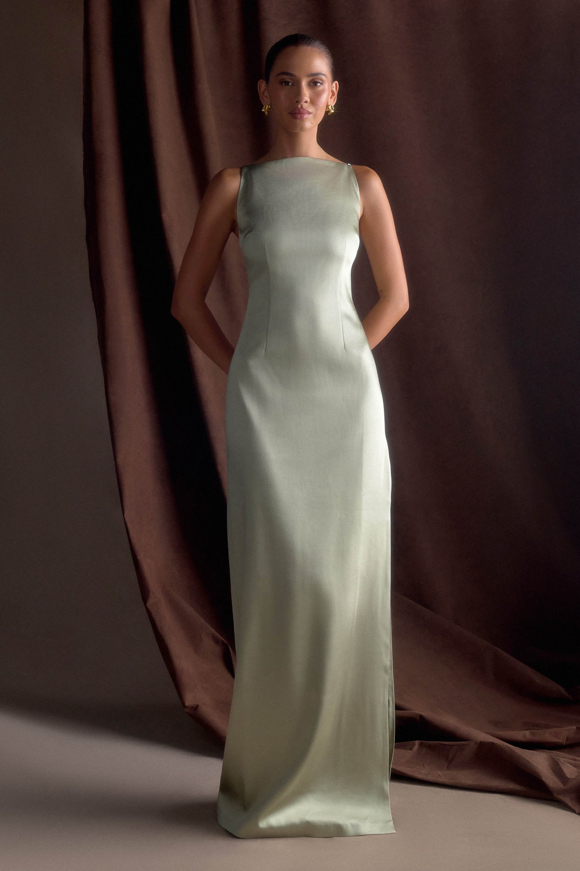 Violet Sleeveless Satin Maxi Dress - Sage #9