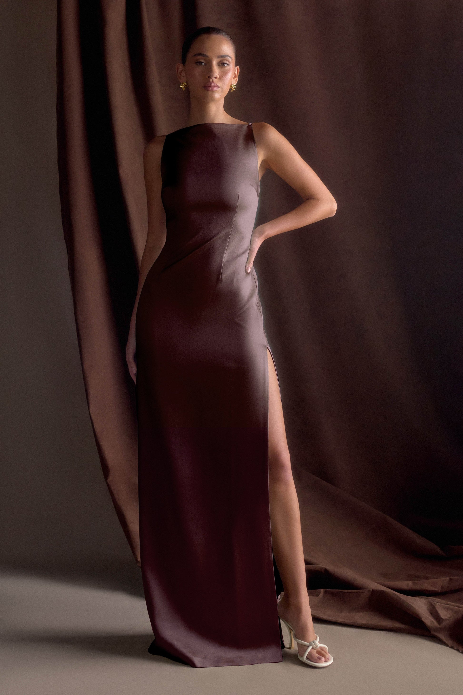 Violet Sleeveless Satin Maxi Dress - Dark Chocolate
