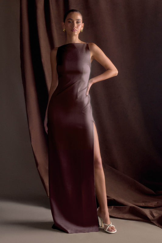 Violet Sleeveless Satin Maxi Dress - Dark Chocolate